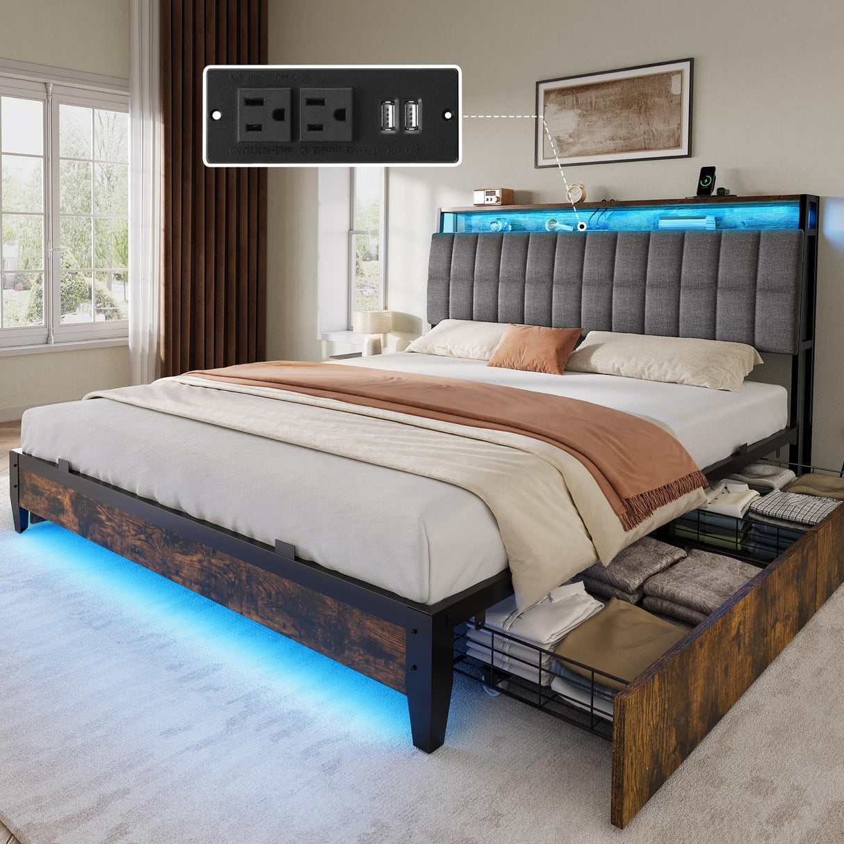 YITAHOME Queen Size Bed Frame with RGB LED Lights and 4 Drawers, Upholstered Platform Bed with Charging Station and Storage Headboard, No Box Spring Needed, Noise-Free, Fast Assembly, Rustic Brown YITAHOME