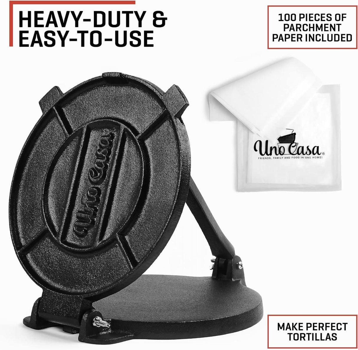 Uno Casa Cast Iron Tortilla Press 8 Inch - Tortilla Maker Press, Pre-Seasoned Roti Maker with 100 Pcs Parchment Paper - Heavy Duty Quesadilla Maker for Homemade Flatbreads, Rotis, Empanadas Uno Casa