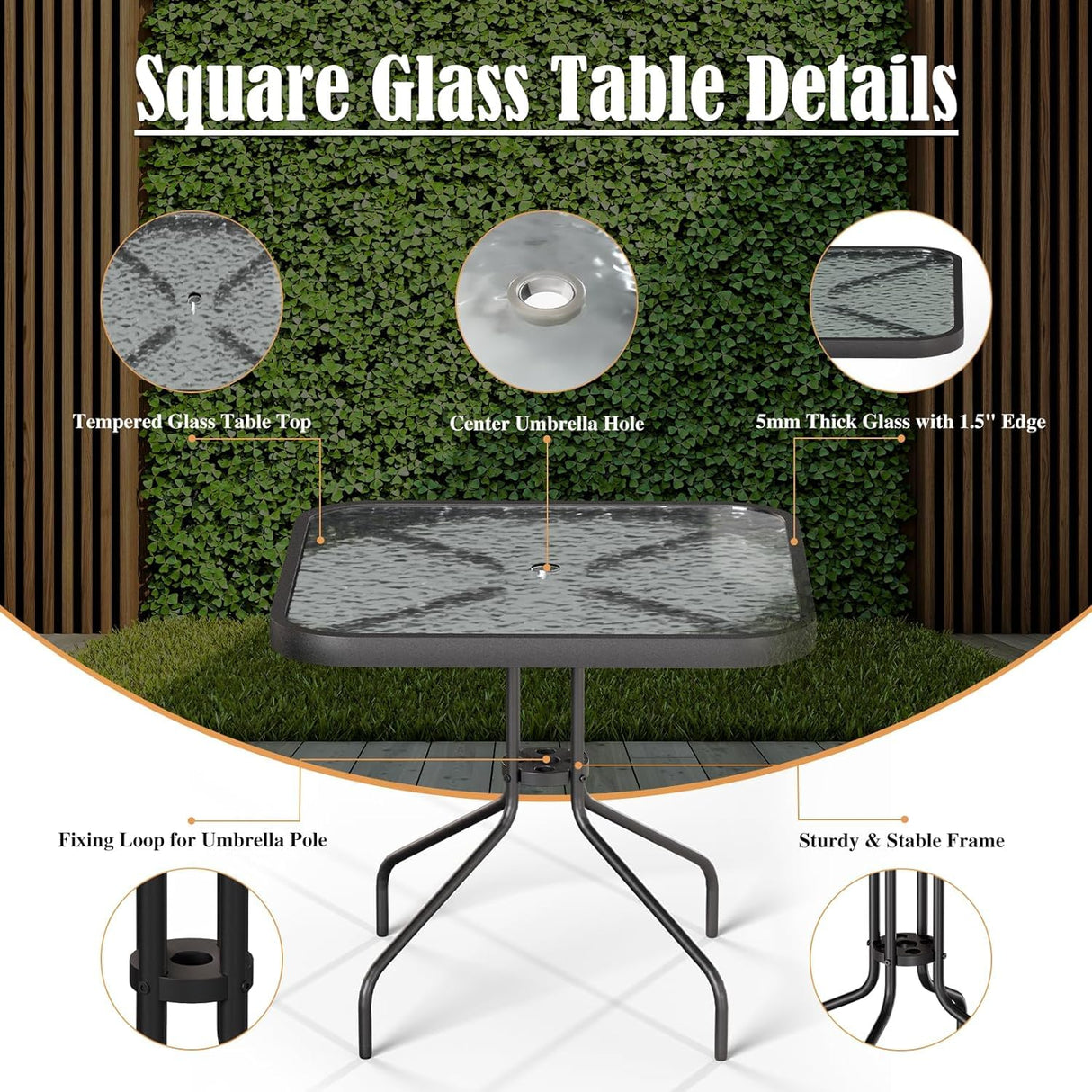 Amopatio Outdoor Dining Set of 5, Patio Table and Chairs Set, Textured Glass Tabletop, 4 Stackable Patio Chairs, Patio Furniture, Balcony, Porch, Lawn- Brown Amopatio