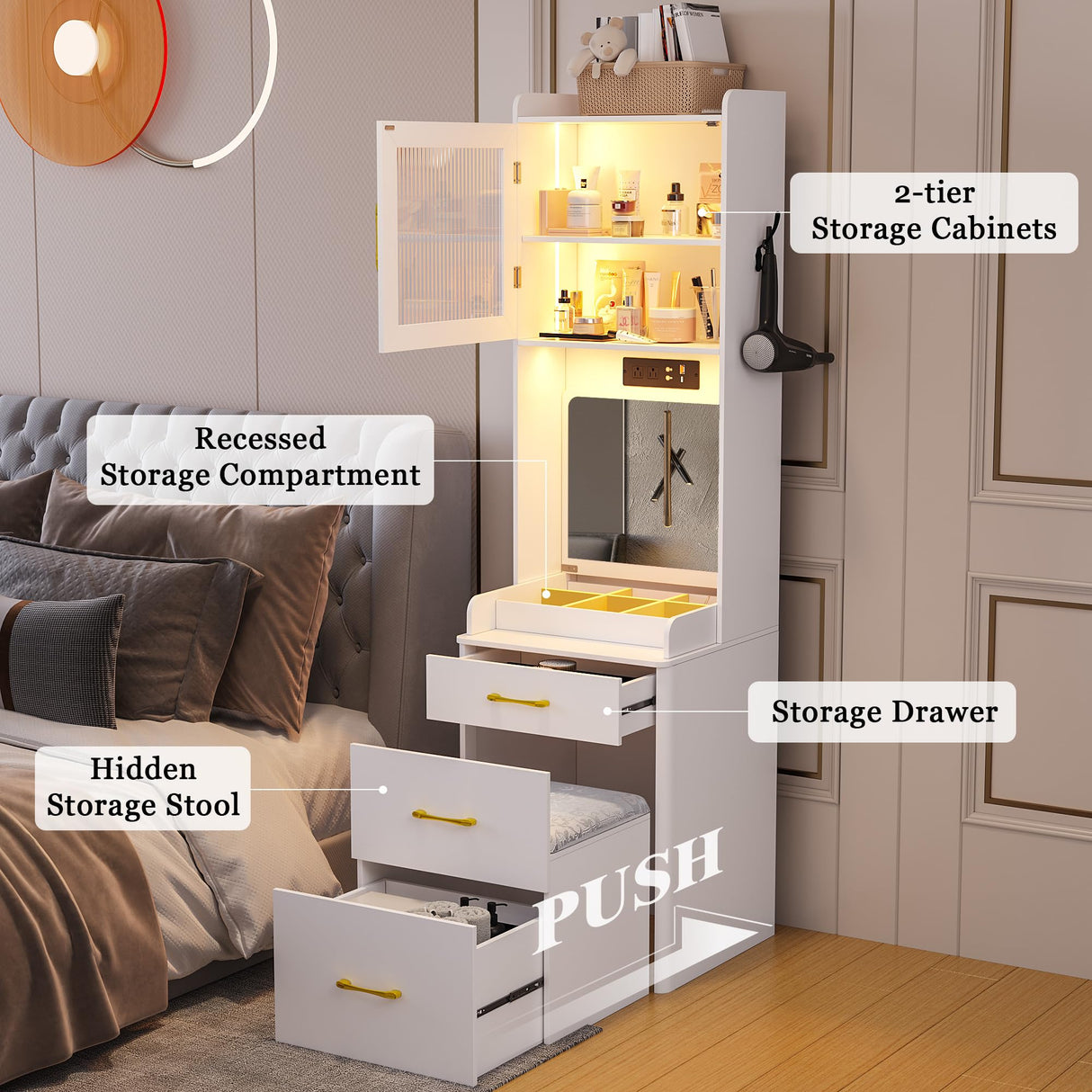 WOOVIVS Small Vanity Desk with Plip-up Mirror and Lights, Makeup Vanity Dresser with Charging Station, LED Vanities Dressing Table Set with Drawers&Stool for Bedroom,Checkroom (White,1PCS) WOOVIVS