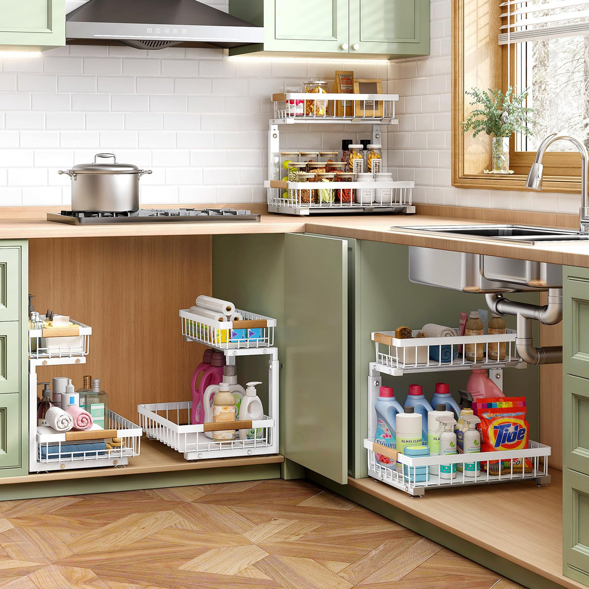 Under Sink Organizer, 2 Packs 2 Tier Under Sink Organizers and Storage, Slide out Pull out Cabinet Organizer Shelf, Metal Sliding Drawer for Kitchen Bathroom Pantry Closet Rack(White) Kitstorack