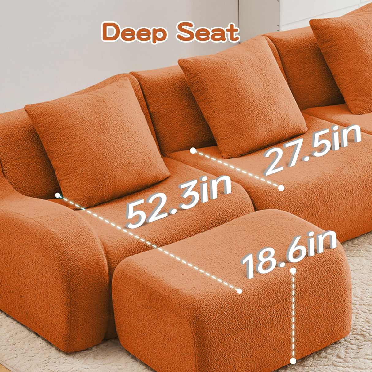 Aoiy & Wifon 115.3" Modular Sectional Sofa, 3-Seater Teddy Deep Seat Cloud Couch with 1 Movable Ottoman, Oversized Boneless Sectional Couch for Living Room, No Assembly Required, Orange Aoiy & Wifon