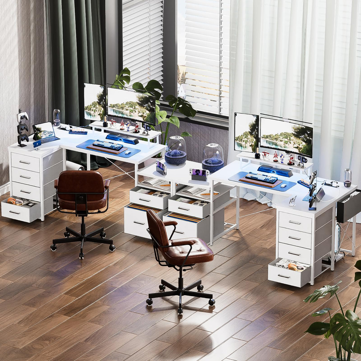 Unikito 70.8" Reversible L Shaped Computer Desk with Fabric File Drawers, Corner Desk with RGB LED Light & Power Outlets & Monitor Stand, Large Gaming Desk for Home Office Workstation, White Unikito