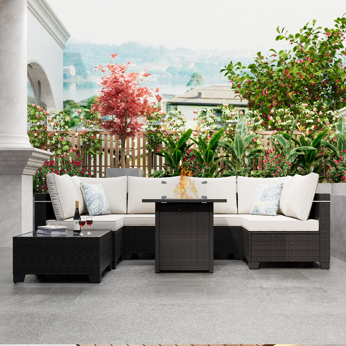 Peacabo Patio Furniture Set with Fire Pit Table, 8-Piece Outdoor Furniture Sofa Set with Thick Cushions, Wicker Sectional Sofa for Porch Garden Backyard, Brown/Beige Peacabo