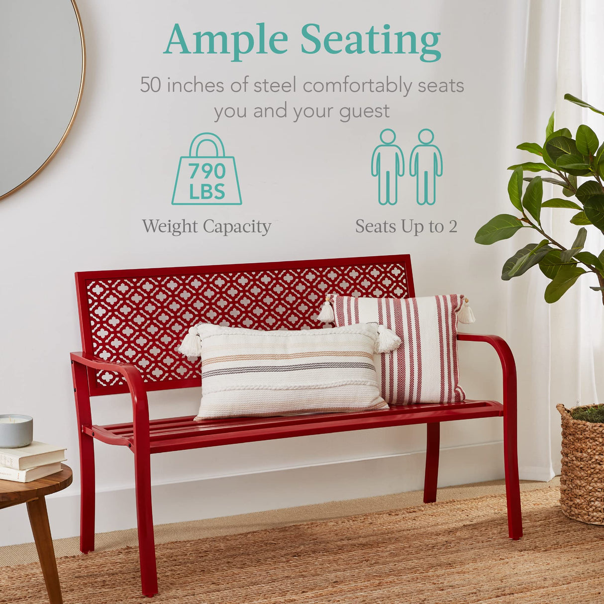 Best Choice Products Outdoor Bench 2-Person Metal Steel Benches Furniture for Garden, Patio, Porch, Entryway w/Geometric Backrest, 790lb Capacity - Rose Red Best Choice Products