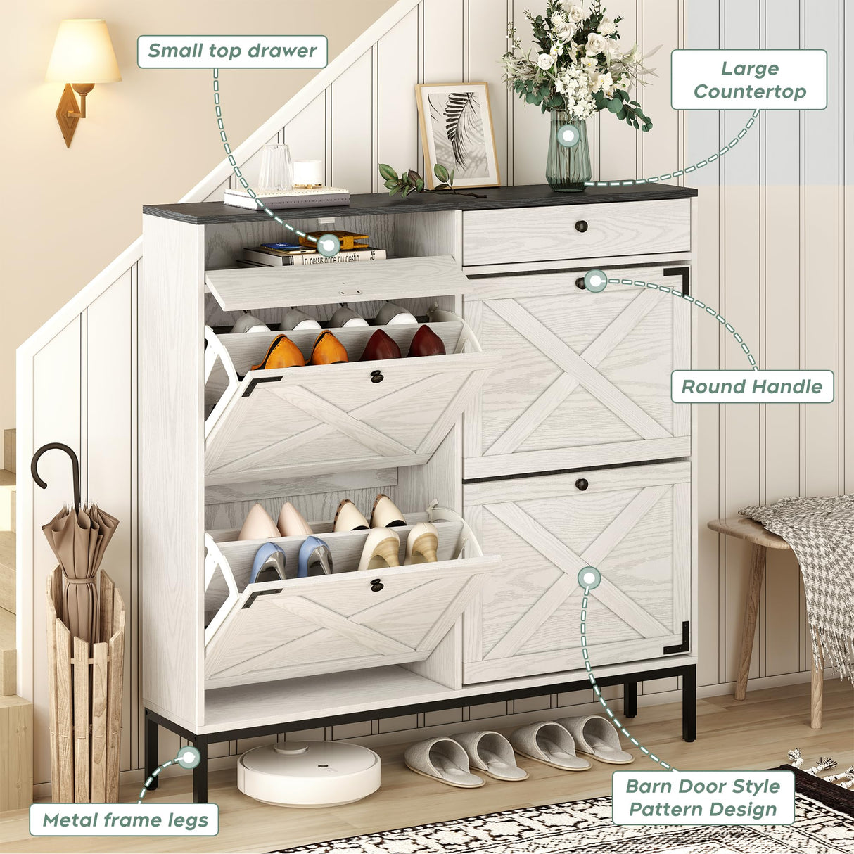 Brafab Large Shoe Storage Organizer Cabinet with 4 Flip Drawers, Freestanding Shoe Rack with Adjustable Shelf for Entryway, Living Room (White) Brafab