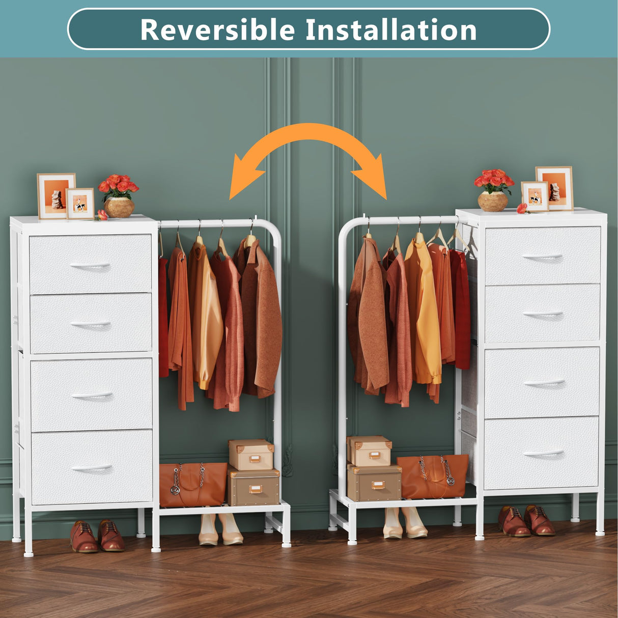 HIGDBFE Dresser with Hanging Rack, 4 Drawers Small Dresser for Bedroom, Reversible Fabric Kids Chest of Drawers for Closet with Clothes Rack, Tall Storage Tower, Sturdy Frame, White, 44''H HIGDBFE