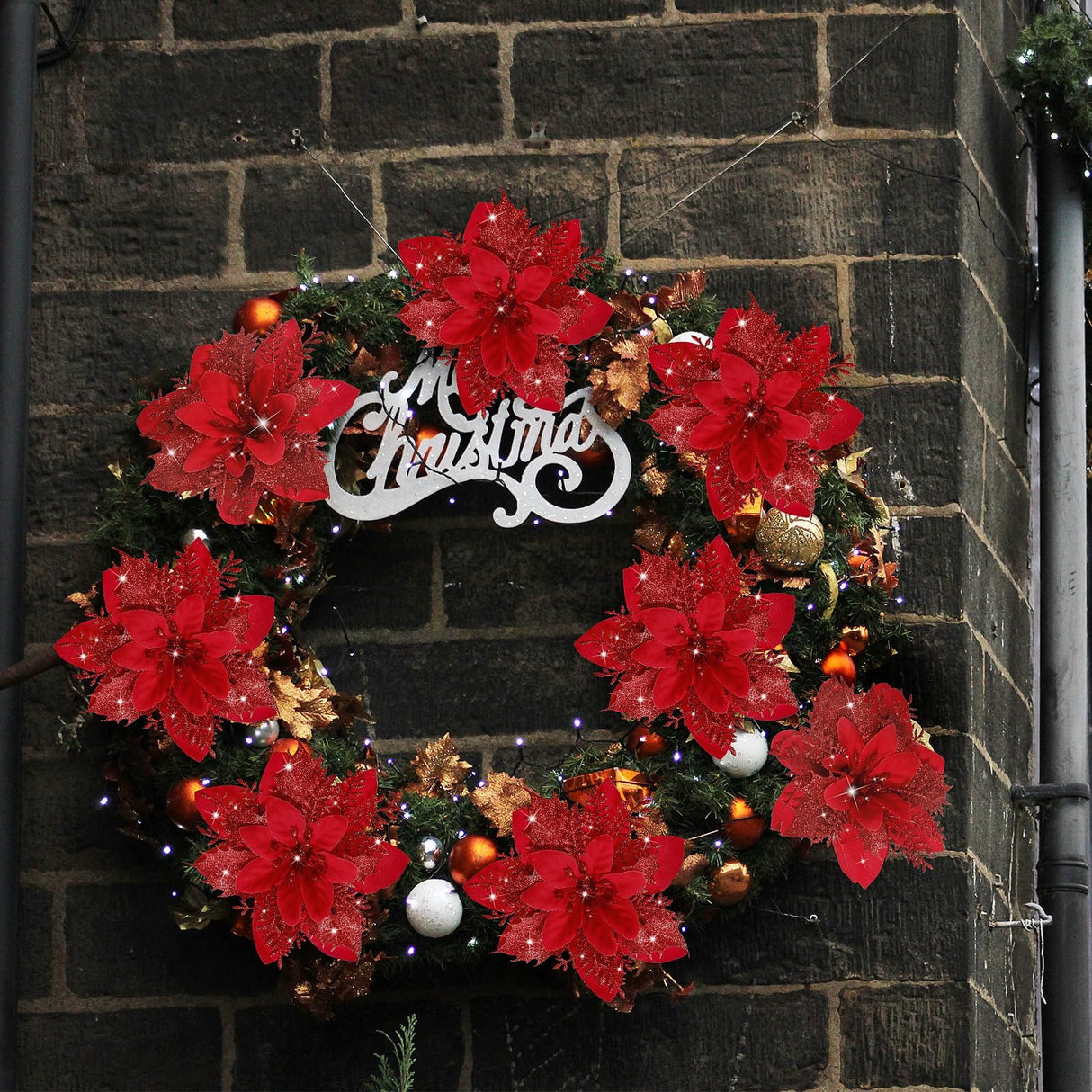 15 PCS Poinsettia Flower Artificial Poinsettia with Clips Christmas Decor Glitter Poinsettia Christmas Ornaments Christmas Tree Flower Decorations with Stems DIY Xmas Wreath Holiday Home Party Decor Childom