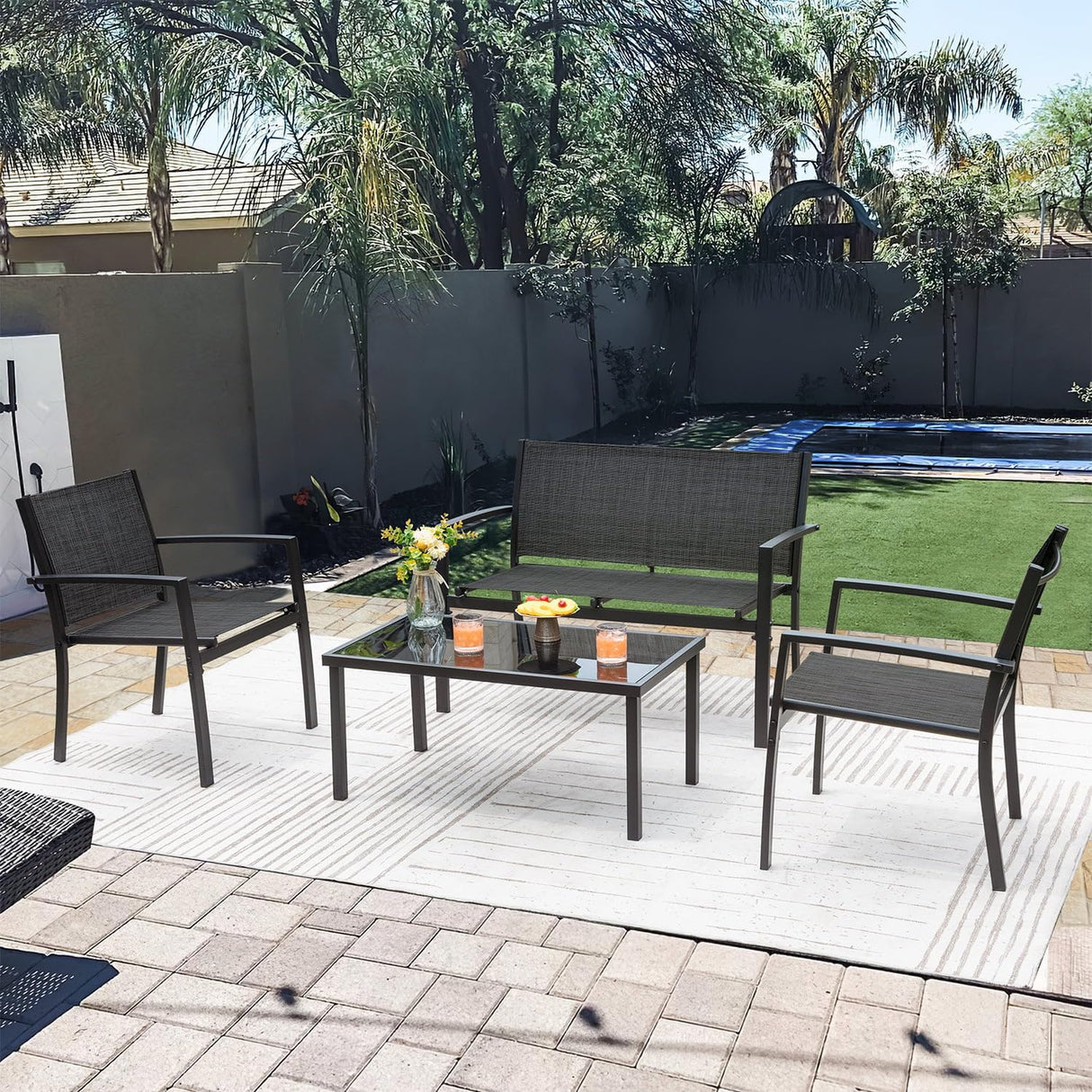 Greesum 4 Pieces Patio Furniture Set Outdoor Conversation Textilene Fabric Chairs for Lawn, Garden, Balcony, Poolside with A Glass Coffee Table, Black Greesum