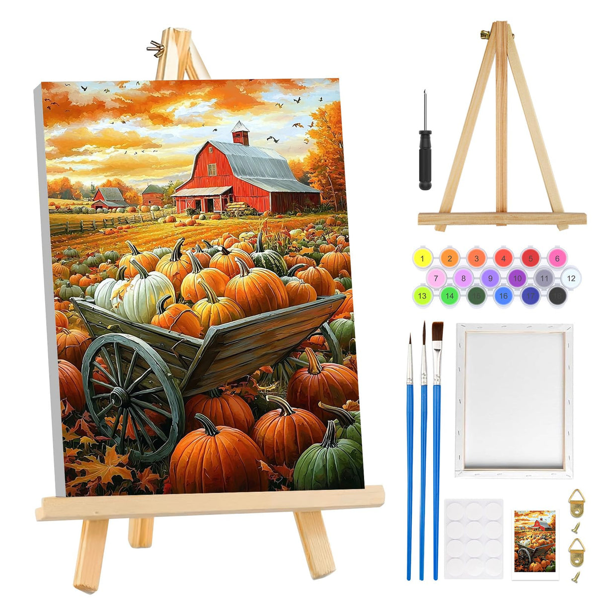 MOGTAA Fall Pumpkin Paint by Numbers Kit for Adults Beginners with Frame, Autumn Farm Adult Paint by Number Kits on Canvas with Easel, Easy DIY Oil Painting Kits for Home Decor, 8x12in MOGTAA