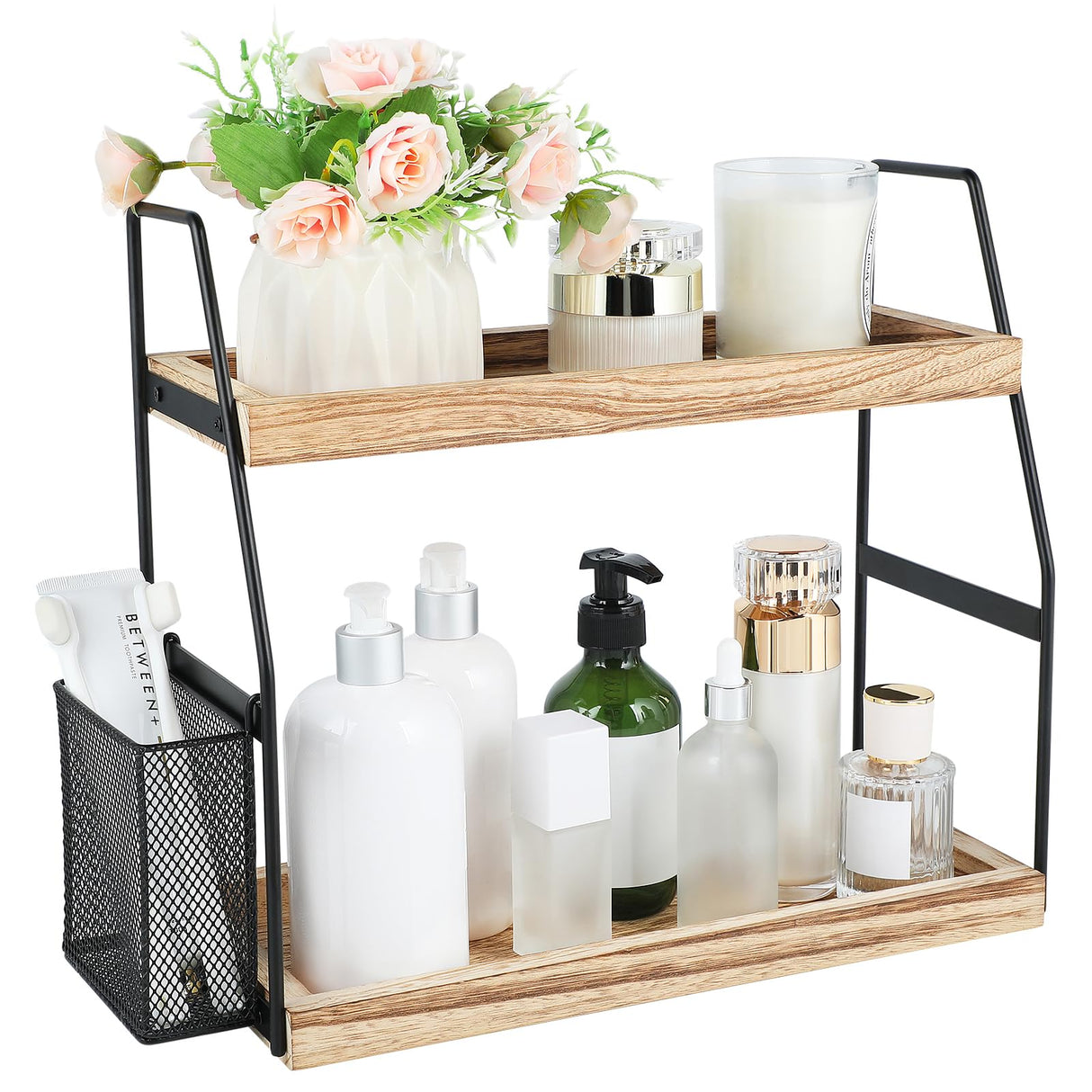 Bathroom Counter Organizer, 2-Tier Standing Storage Shelf with Basket, Wood Tray for Skincare Vanity Organizer Uneviesyka