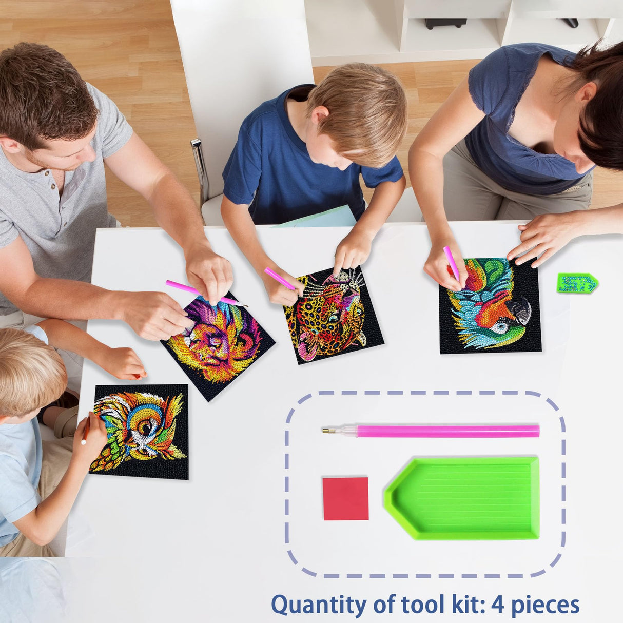 UiSdfuy Diamond Art Kits for Kids, Arts & Crafts Ages 8-12,Diamond Art for Boys Girls,Gem Art 4 Pack Diamond Painting 6"x 6" - Lion Owl Leopard Parrot UiSdfuy