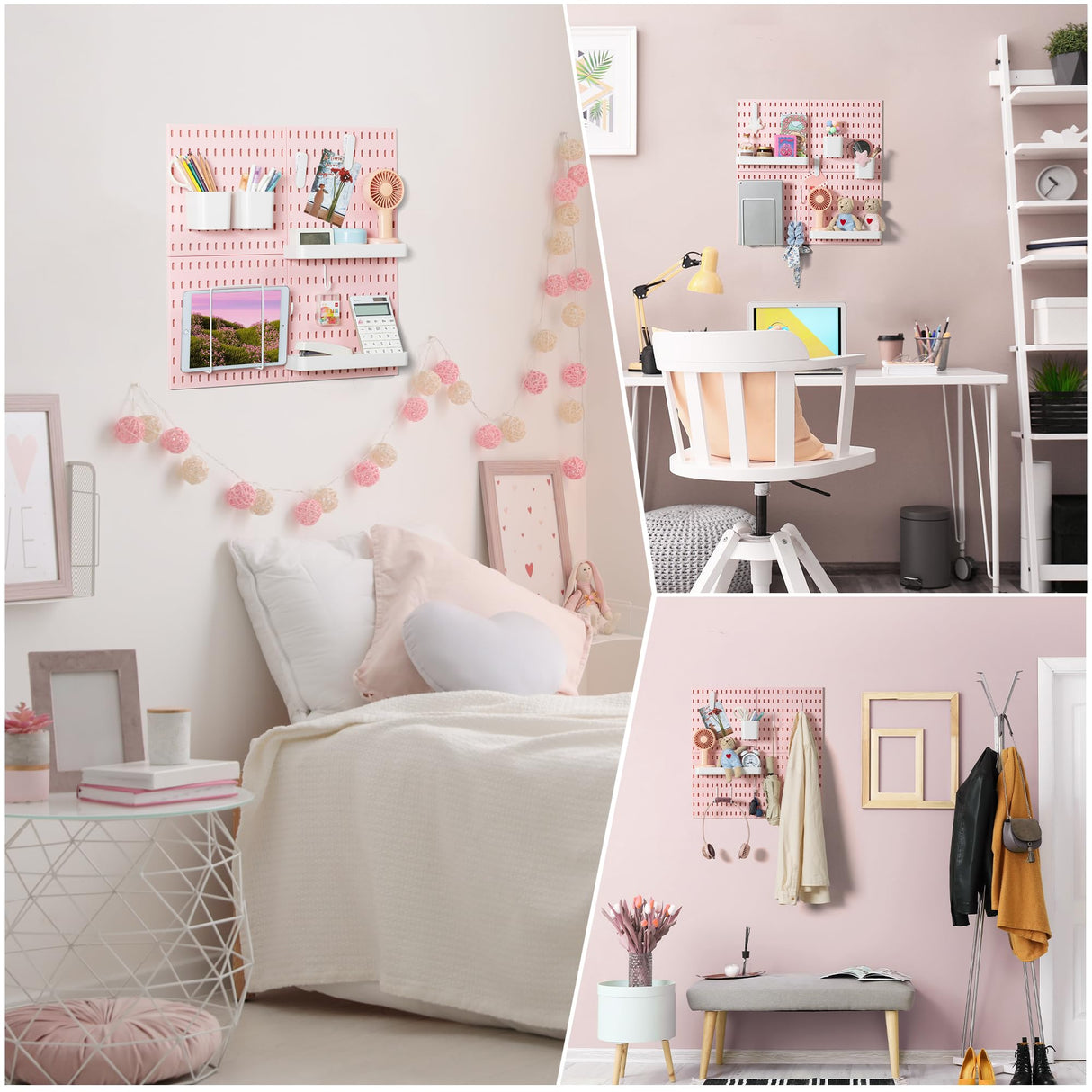 VUSIGN Pegboard Combination Wall Organizer Kit, 4 Pieces Pegboards and 17 Accessories Modular Hanging, Wall Mount Display Peg Board Panel Kits for Bedroom, Home, Office, Bathroom, 22" x 22", Pink VUSIGN