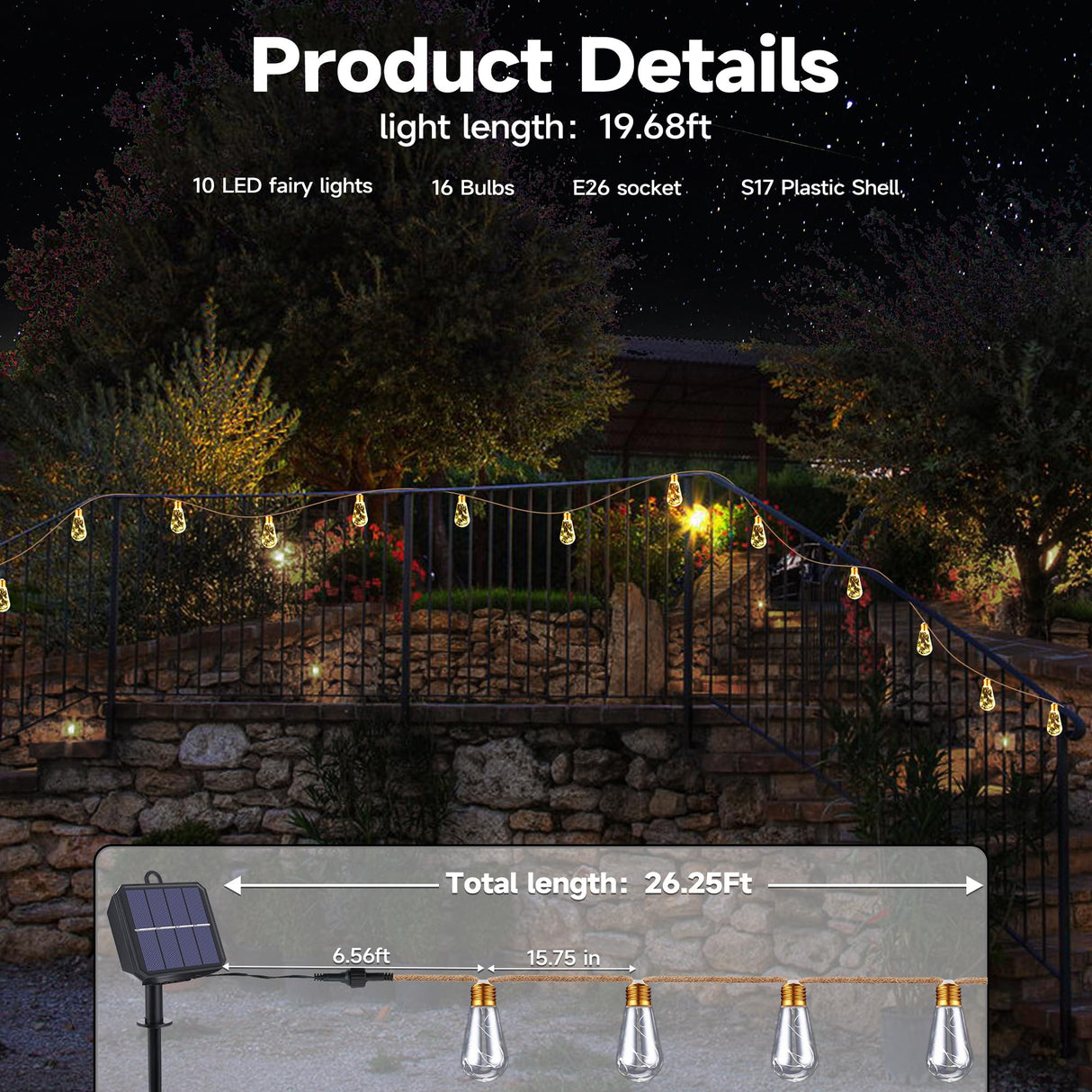 Solar Outdoor String Lights, 20Ft Vintage Rope Hemp Solar Patio Lights, Waterproof Warm White Solar Powered String Lights With 8 Modes 16 Shatterproof Bulbs for Garden Fence Stairs Balcony Café Bistro Jnaurb