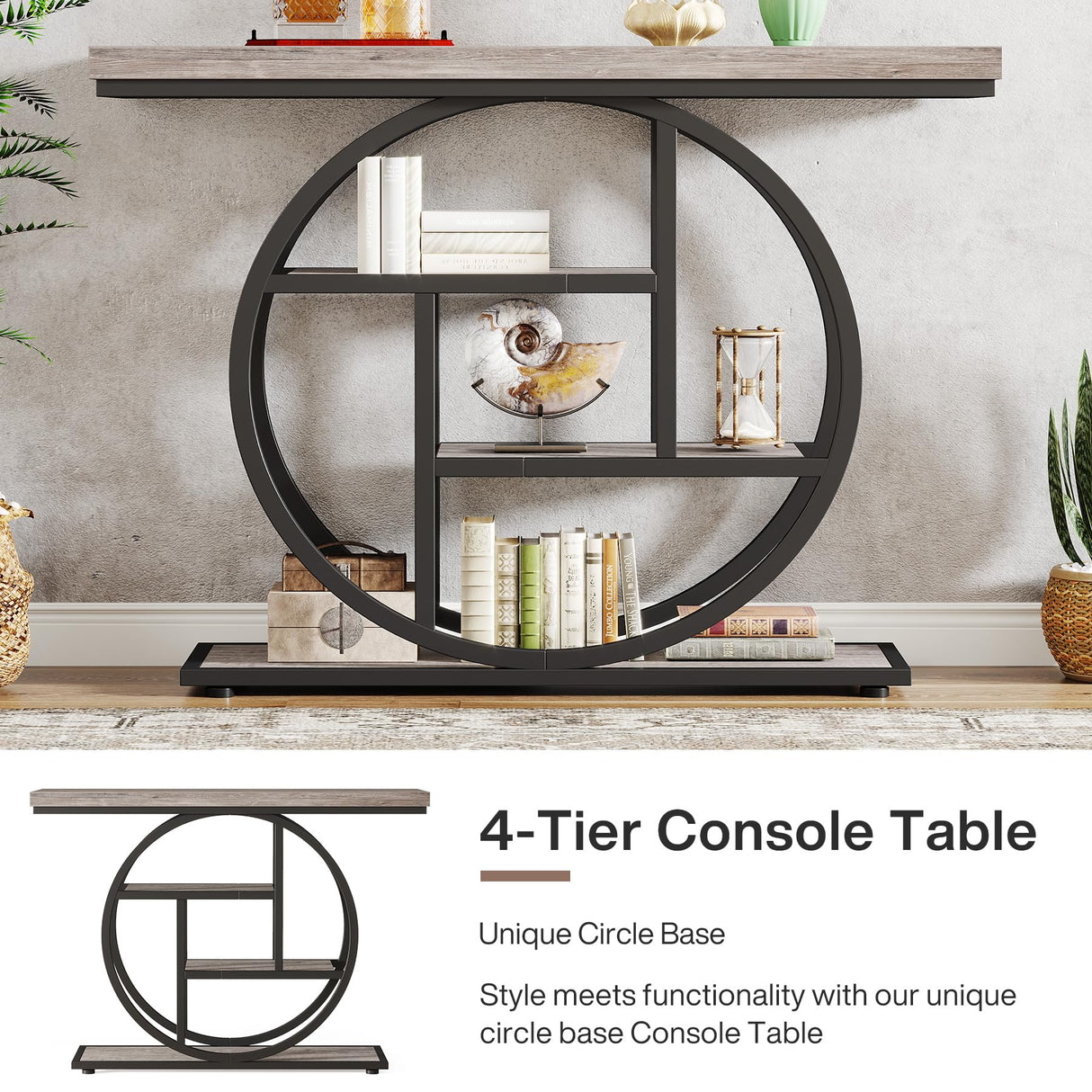 Tribesigns 41.3" Console Table, Industrial 4-Tier Sofa Table Entryway Table with Circle Base, Narrow Wood Accent Tables with Storage Shelves for Living Room, Hallway, Foyer, Gray Tribesigns