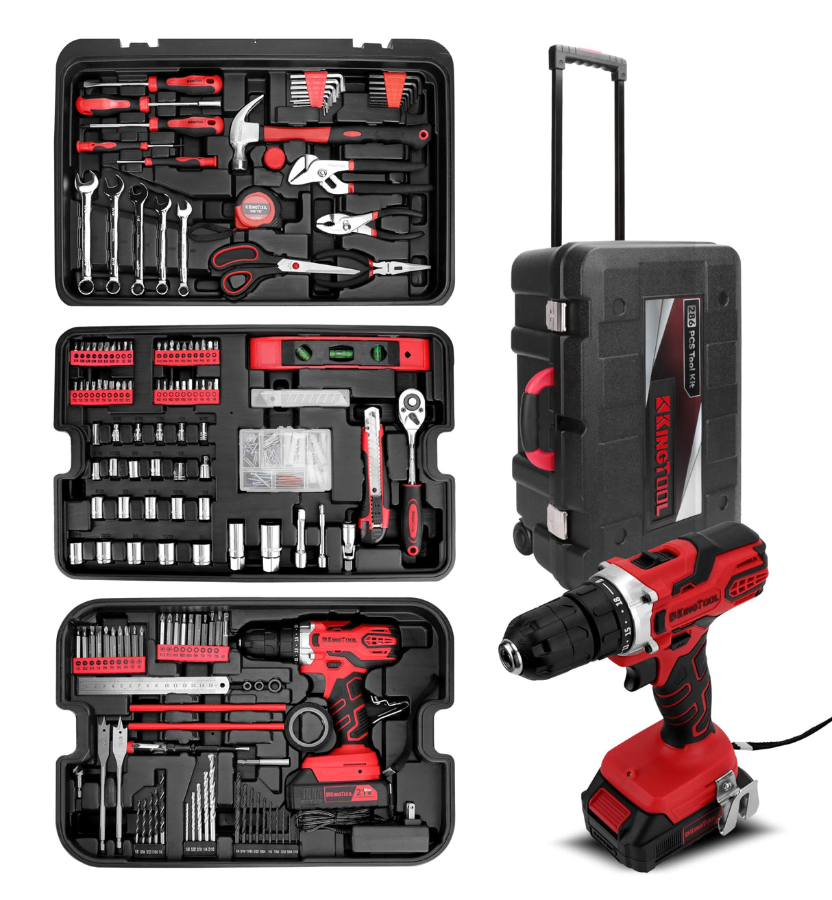 KingTool Home Tool Set Kit - 286 PCS Home Auto Repair Tool Kit with Rolling Tool Box, Mechanic Tool Sets with 21V Max Cordless Power drill, Perfect for Homeowner, Diyer, Handyman KINGTOOL