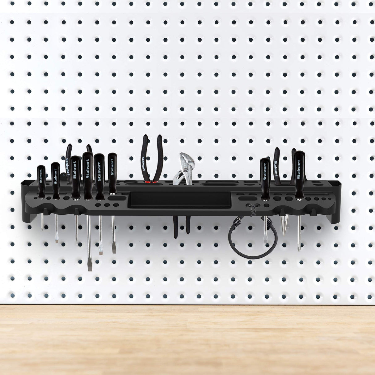 Tool Storage Shelf Wall Mount Utility Shelf Organizer Rack Has 61 Slots, 4 Hooks, 2 Compartments Garage Shelving and Tool Organizers by Stalwart Stalwart