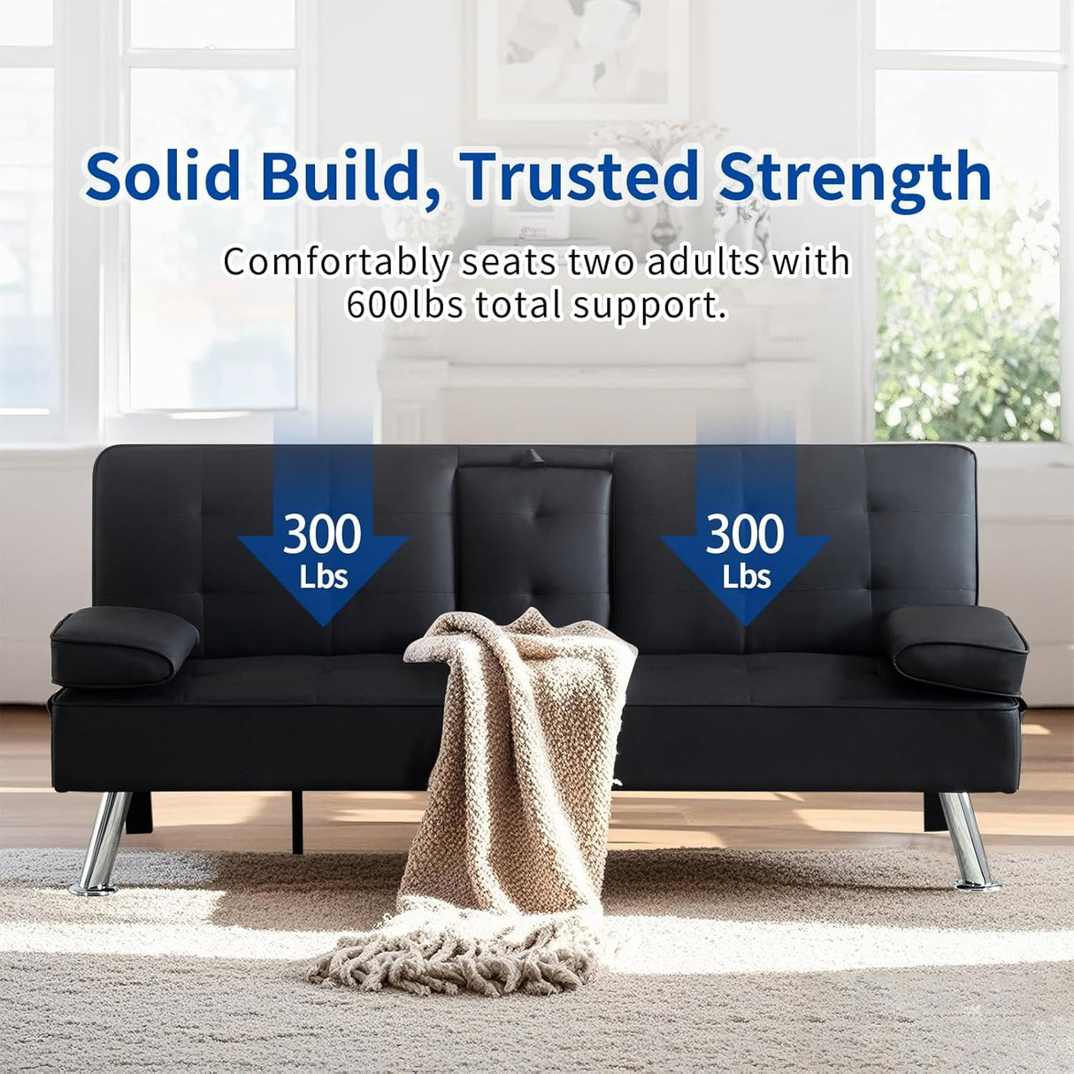 Futon Sofa Bed Convertible Loveseat Sleeper Couch Modern PU Leather Upholstery Folding Recliner Sofá, Small 2 Seaters Futon Sofa&Couch, Accent Couches with Cup Holders for Living Room Osparple