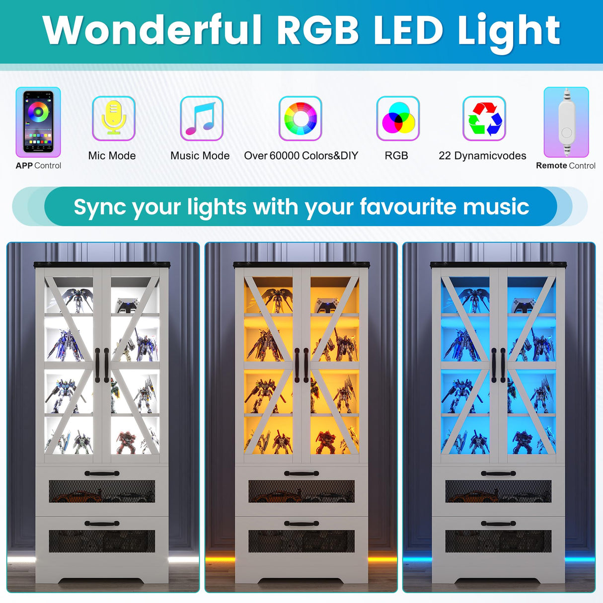 Jehiatek 56" Storage Cabinet with LED Light, Modern Farmhouse Cabinet with Large Drawers & Adjustable Shelves, Display Bookcase with Glass Door, Cupboard Sideboard for Living/Dining Room, White Jehiatek