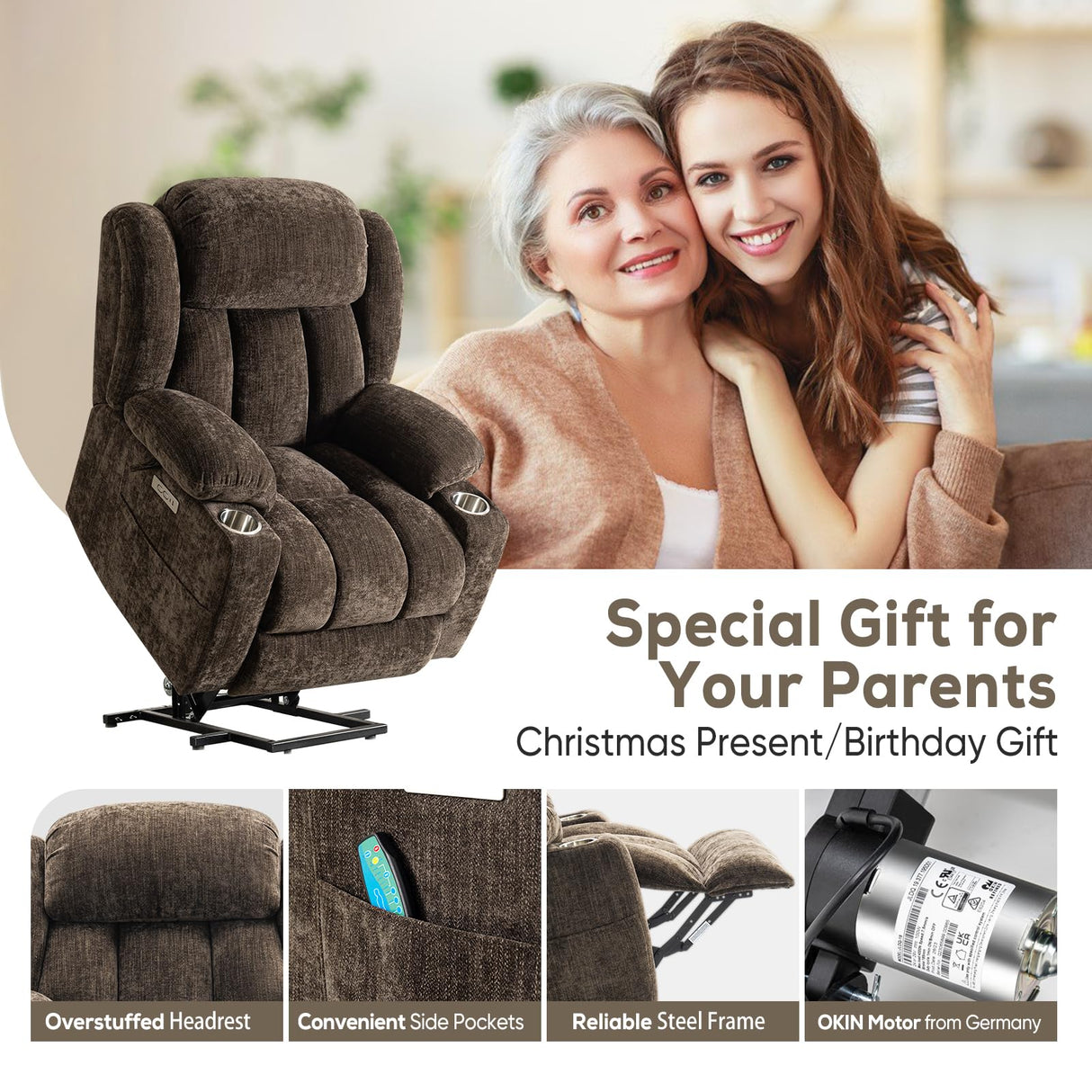 ABCASA Large Power Lift Chairs Recliners for Elderly with Heat & Massage, Upgraded Chenille Recliners, USB-A & C, Cup Holder, Side Pocket, Brown ABCASA