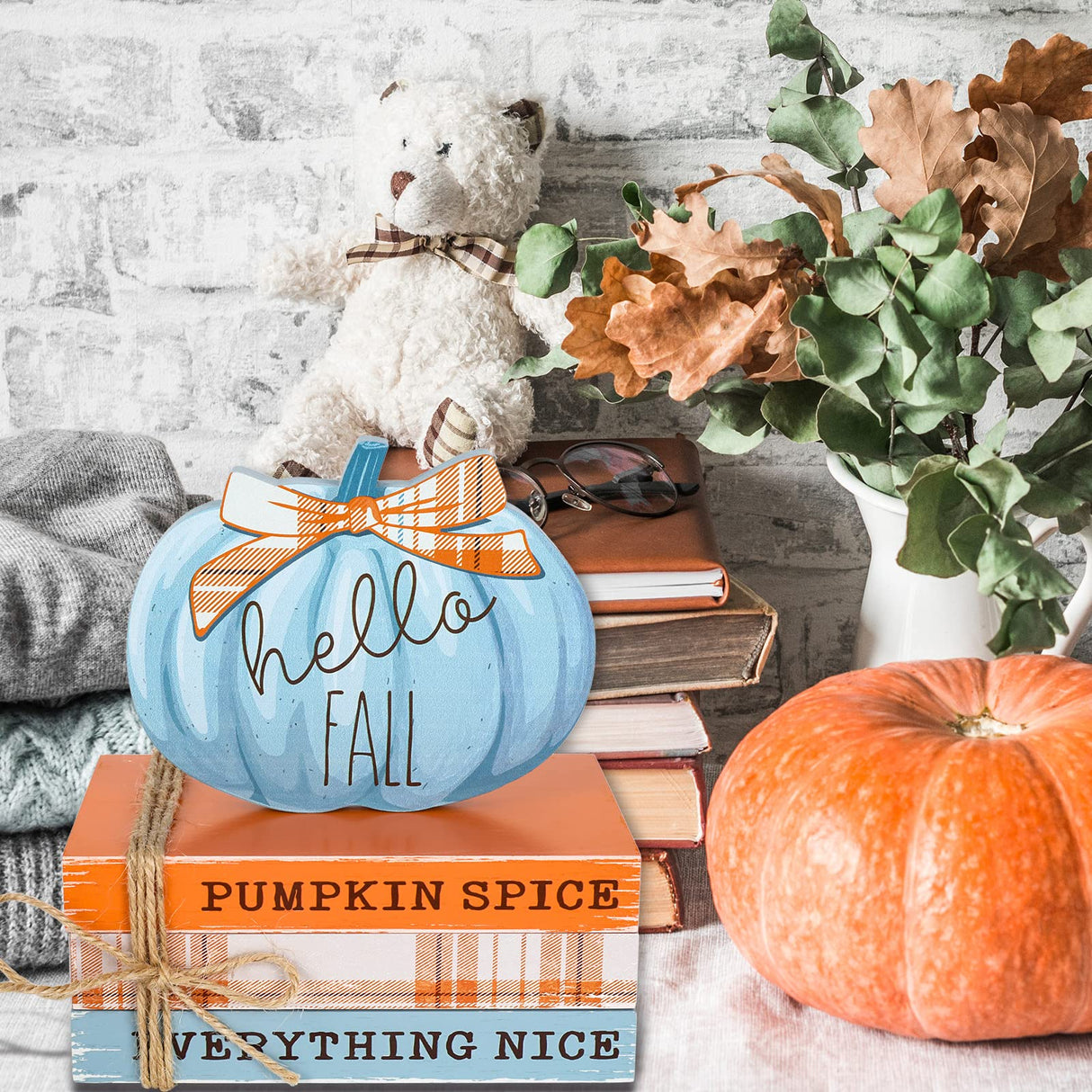 Whaline Fall Wooden Tiered Tray Decor Faux Decorative Stacked Books Bundle Wooden Pumpkin Decor Hello Fall Wooden Block Sign for Autumn Thanksgiving Farmhouse Rustic Decor Kitchen Home Decoration Whaline