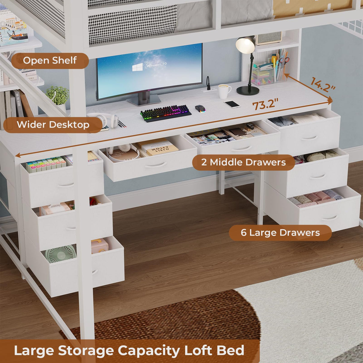 BTHFST Loft Bed with Desk, Full Metal Loft Bed with 8 Drawers Storage & Charging Station & LED Lights, 4 Open Storage Shelves, Noise-Free, Space-Saving, No Box Spring Needed BTHFST