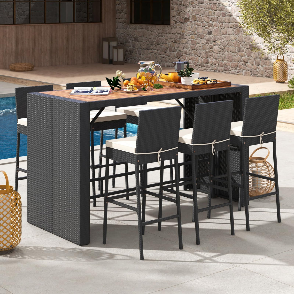 RELAX4LIFE 7-Piece Outdoor Bar Set - Wicker Rattan Bar Height Dining Table w/Acacia Wood Top & 6 Bar Stools Chairs w/Seat Cushions, Backrest, Footrest, Outside Patio Bistro Set for Backyard (73'') RELAX4LIFE