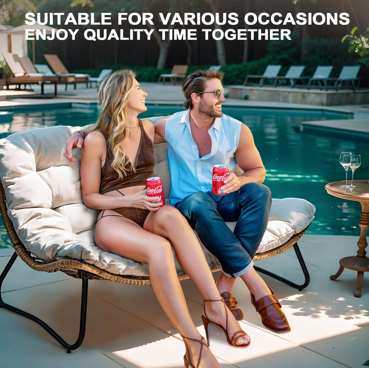 Crestlive Products Outdoor Loveseat, 2 Seater Outdoor Couch with Soft Cushion, All-Weather Boho Rattan Patio Furniture for Balcony, Poolside, Backyard, Porch (Beige) Crestlive Products