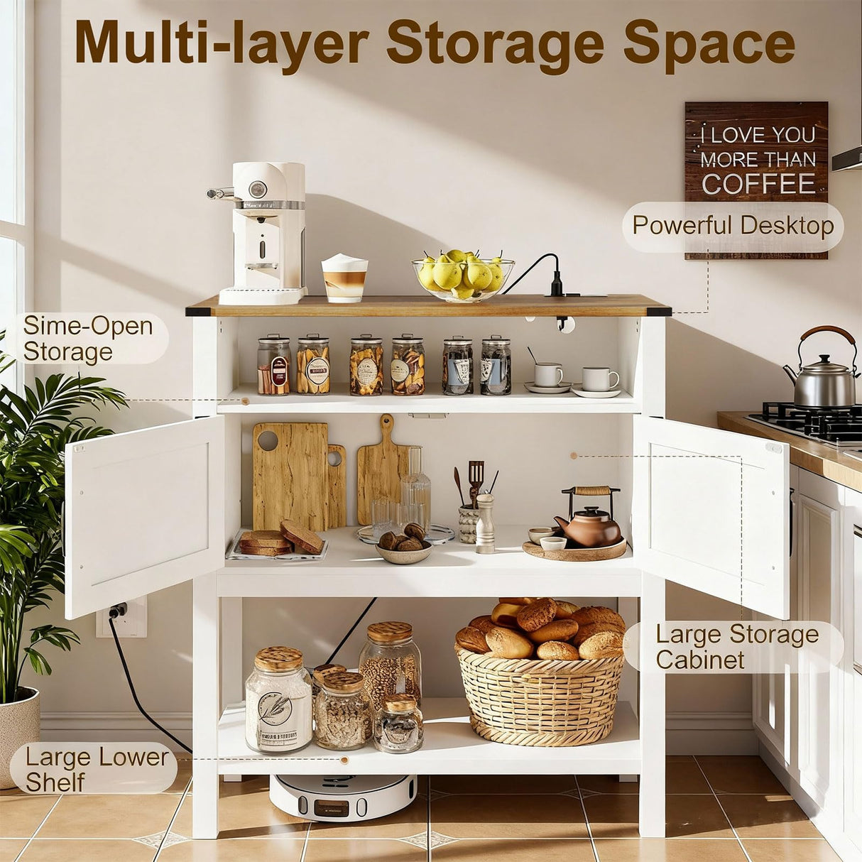 M METERXITY Console Table with Outlets, Farmhouse Coffee Bar Cabinet, 31.5 l x 13.8 D x 35.5 H, Entryway Table with Storage Cabinets for Living Room, Couch, Hallway, Foyer, Kitchen (White) M METERXITY