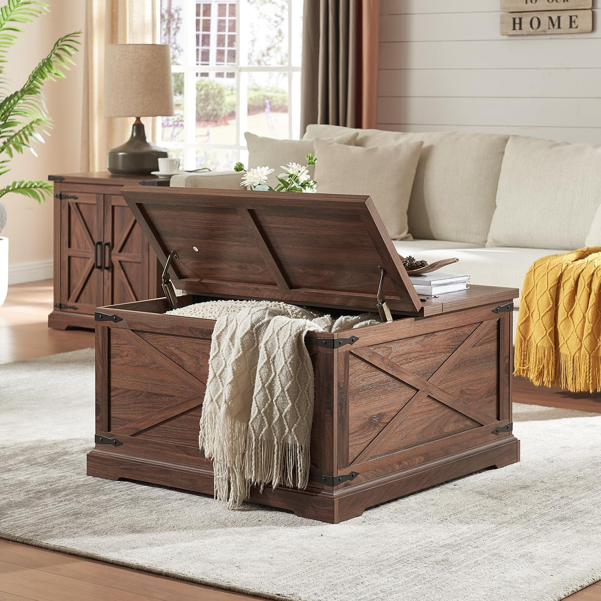 Barnyatoh Farmhouse Square Coffee Table with Storage, Wood Center Table with Hinged Lift Top, Rustic Cocktail Table with Large Hidden Storage Compartment for Living Room, Bedroom,Brown Barnyatoh