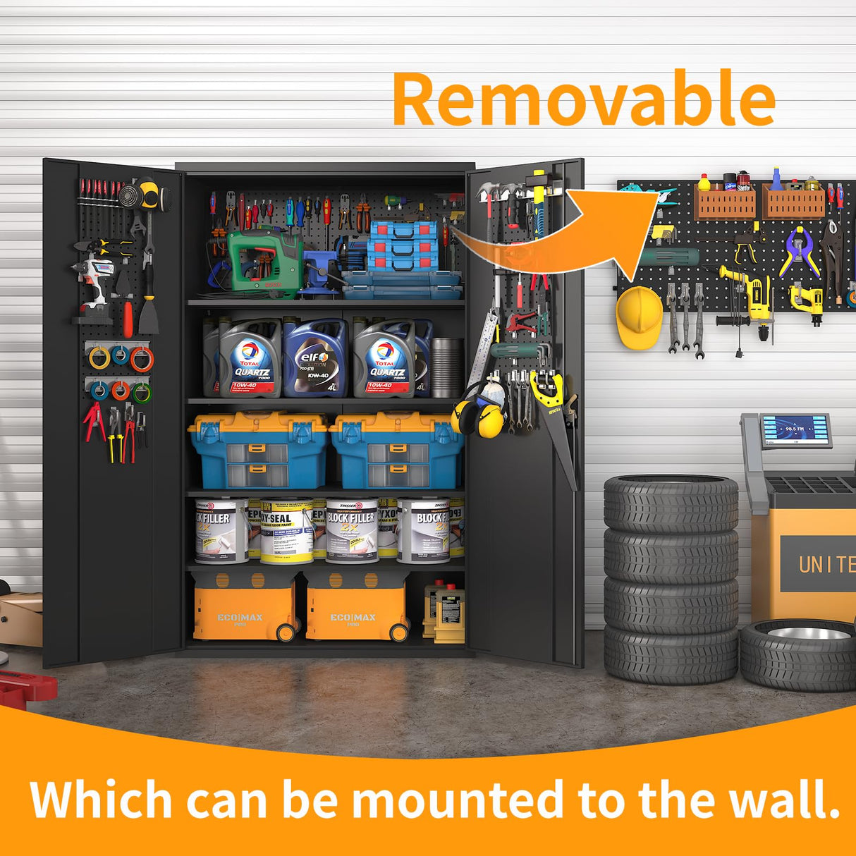 Upgraded Tall & Wide Metal Storage Cabinet with Doors & 4 Adjustable Shelves | Heavy-Duty Black Lockable Garage Cabinet with Wheels & Pegboard for Office, Gym, Basement, Warehouse (Black) basenji