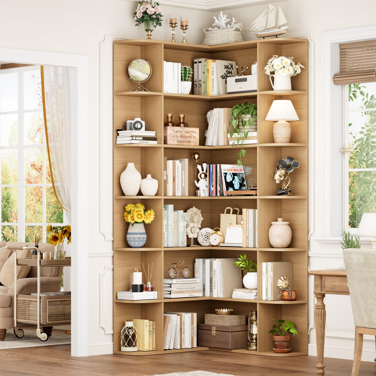 FOTOSOK 74” Tall Corner Bookshelf, 6-Tier Bookshelf and Bookcase with Open Storage, Tall Bookcases Wooden Storage Shelves for Home Office, Thickened Boards for Better Load Bearing, Natural FOTOSOK