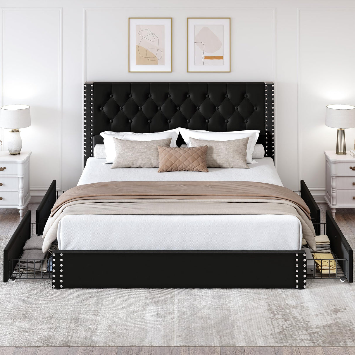 LARMACE King Size Bed Frame with Storage and Tufted Headboard Velvet Upholstered Platform Bed Frame with 4 Drawers, Wood Slats Support, Easy Assembly, Noise-Free, Black LARMACE