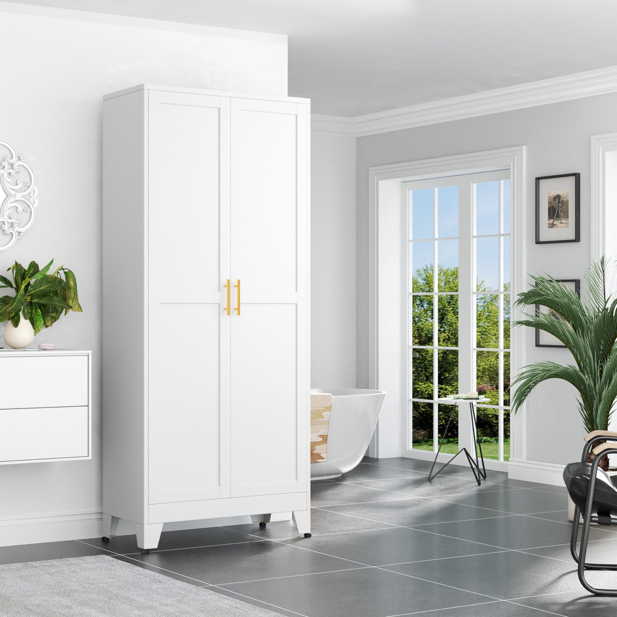 PAOFIN Kitchen Pantry Storage Cabinet with Doors and Adjustable Shelves, Metal ClosetMaid Food Pantry Cabinets, 75" Tall Freestanding Cupboard for Kitchen, Laundry or Utility Room, White PAOFIN