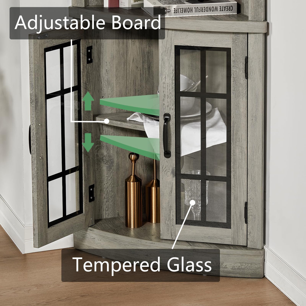 AMERLIFE Curved Corner Storage Cabinet, 65" Tall Freestanding Bookcase with Glass Doors & Adjustable Shelves, 5-Tier Corner Display Cabinet for Living Room, Bathroom, Laundry Room, Washed Grey AMERLIFE