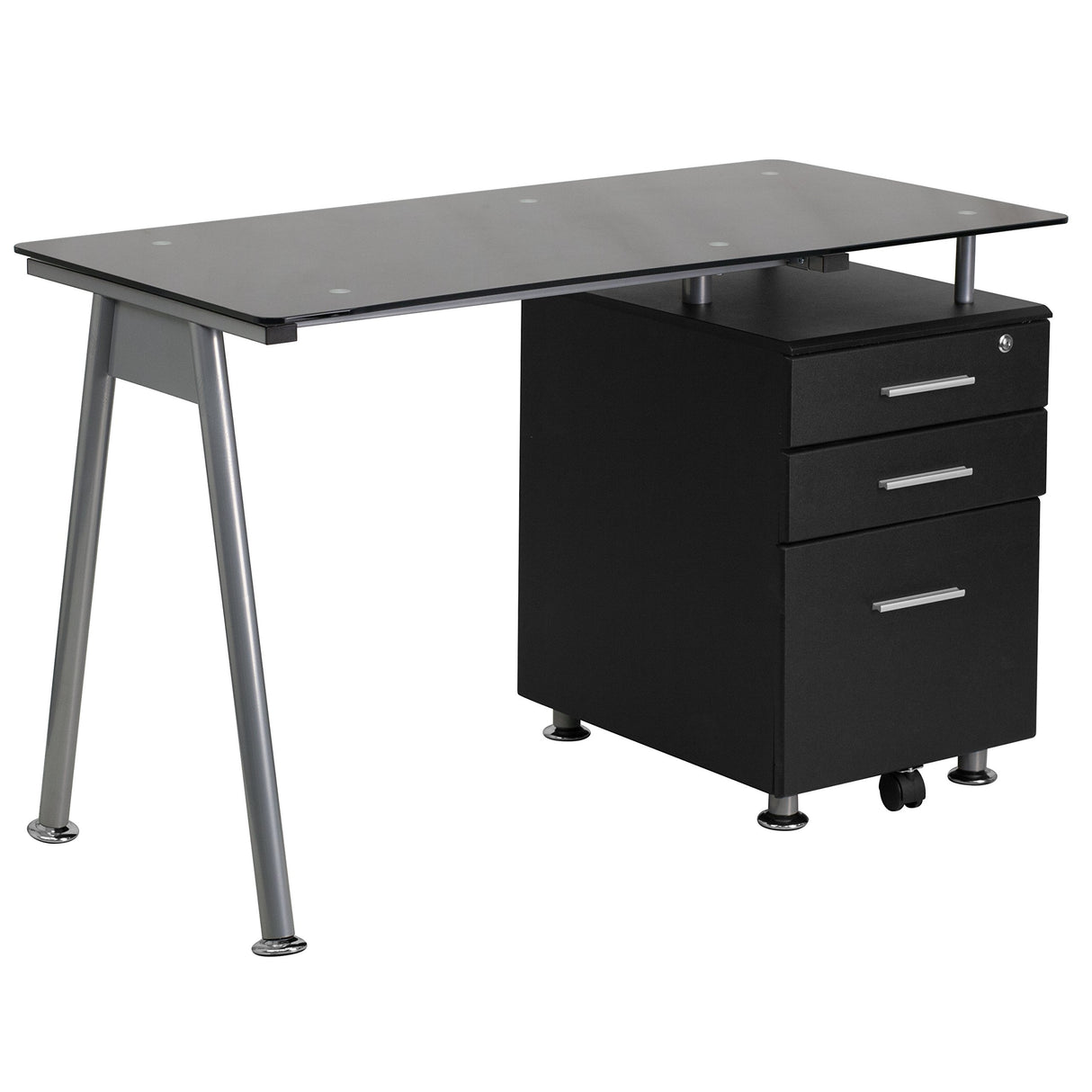 EMMA + OLIVER Black Glass Computer Desk with Three Drawer Pedestal EMMA + OLIVER