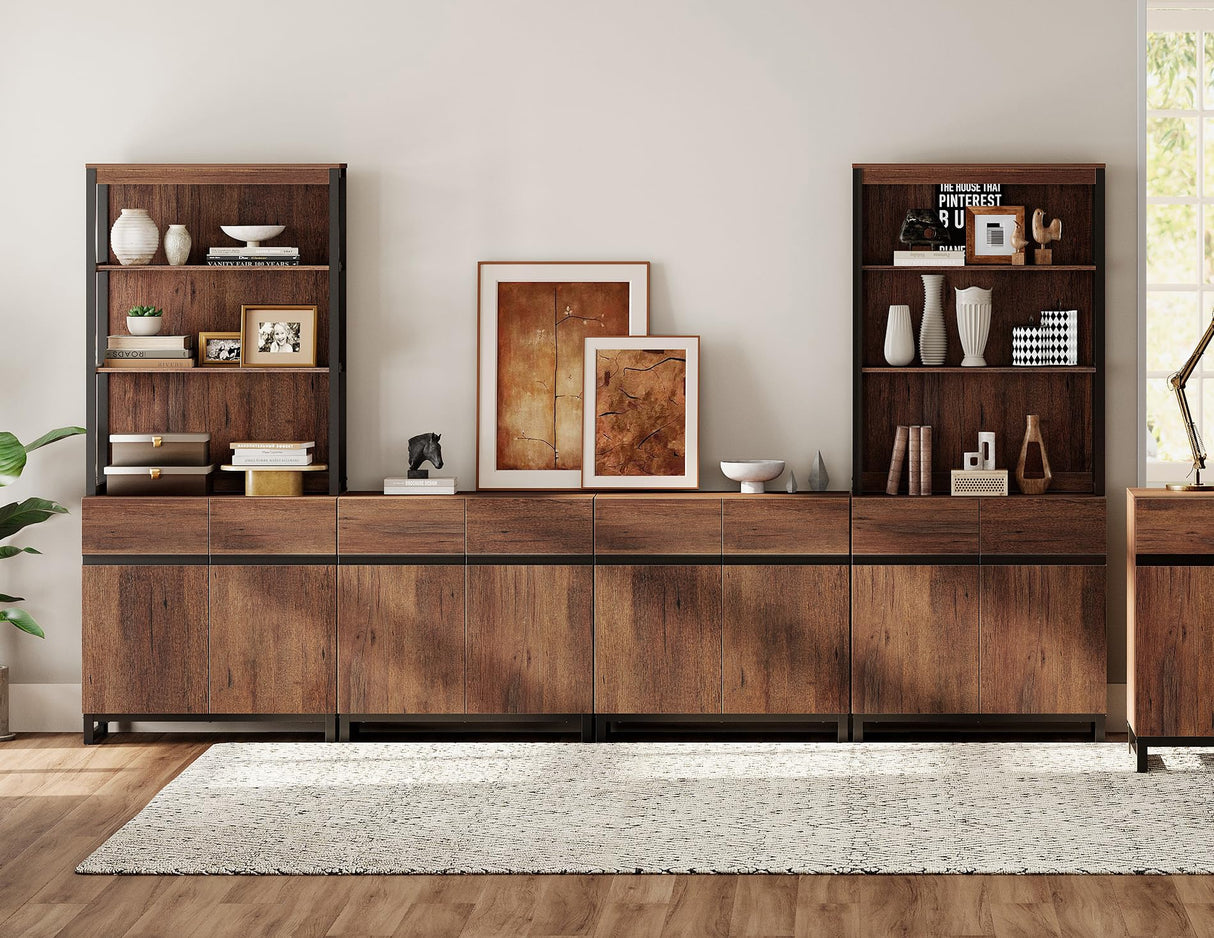 WAMPAT 3 Tier Bookshelf with Storage Cabinets, 72" Tall Bookcase with Adjustable Shelf, Large Modern Display Book Case Shelf with Door, Library Wood Bookshelves for Home Office, Living Room, Brown WAMPAT