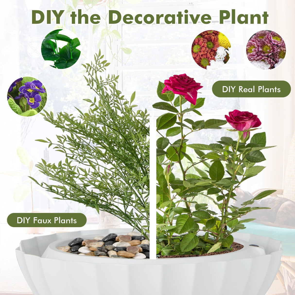 PETSITE White Plant Litter Box, Cat Hidden Litter Box Enclosure with Artificial Plant, Advanced Odor Removal System, Detachable Door Curtain, Cat Litter Scoop, Large Planter Litter Box PETSITE