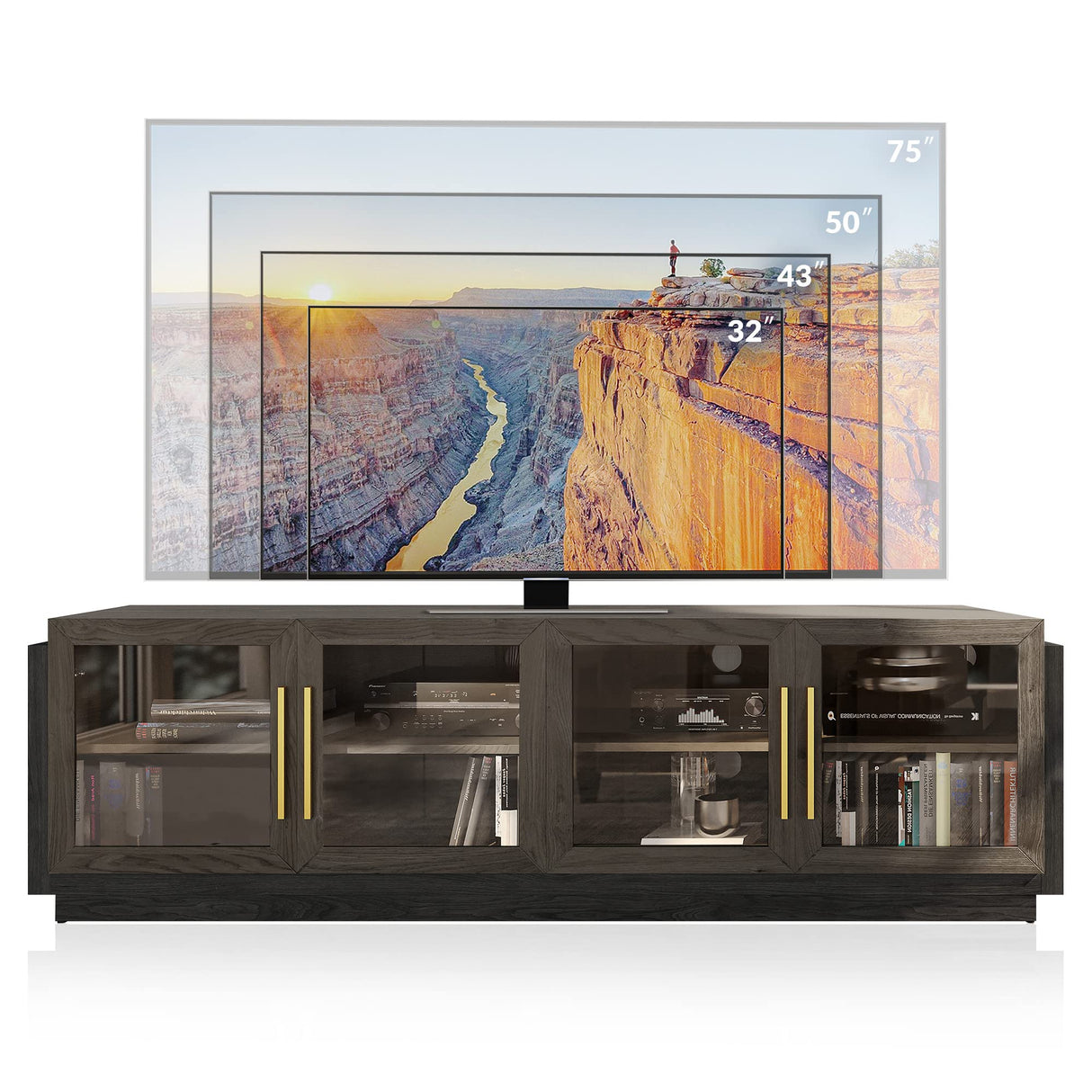 BELLEZE 70" TV Stand for TVs up to 75", Modern TV Cabinet & Entertainment Center with Shelves, Wood Storage Cabinet for Living Room or Bedroom - Brixston (Brown) BELLEZE