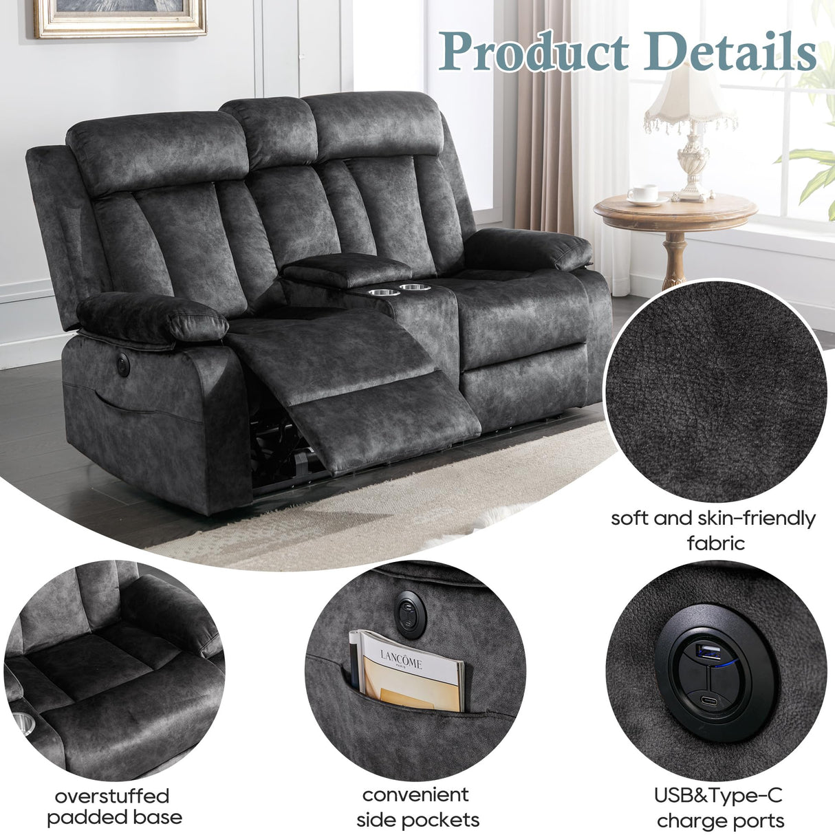 GUEAPY Reclining Loveseat-Power Reclining Loveseat with Console,Double Recliner Loveseat with Heat and Massage,Electric Loveseat Recliner with Cup Holders,USB & Type-C Charge Ports for Living Room,RV GUEAPY