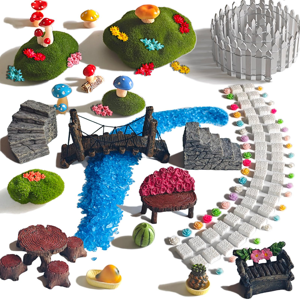 Kai Dream Fairy Garden Kit, 118Pcs Miniature Resin Figurines, Fake Fence, Flower Decor for Outdoor Fairy Garden Kai Dream