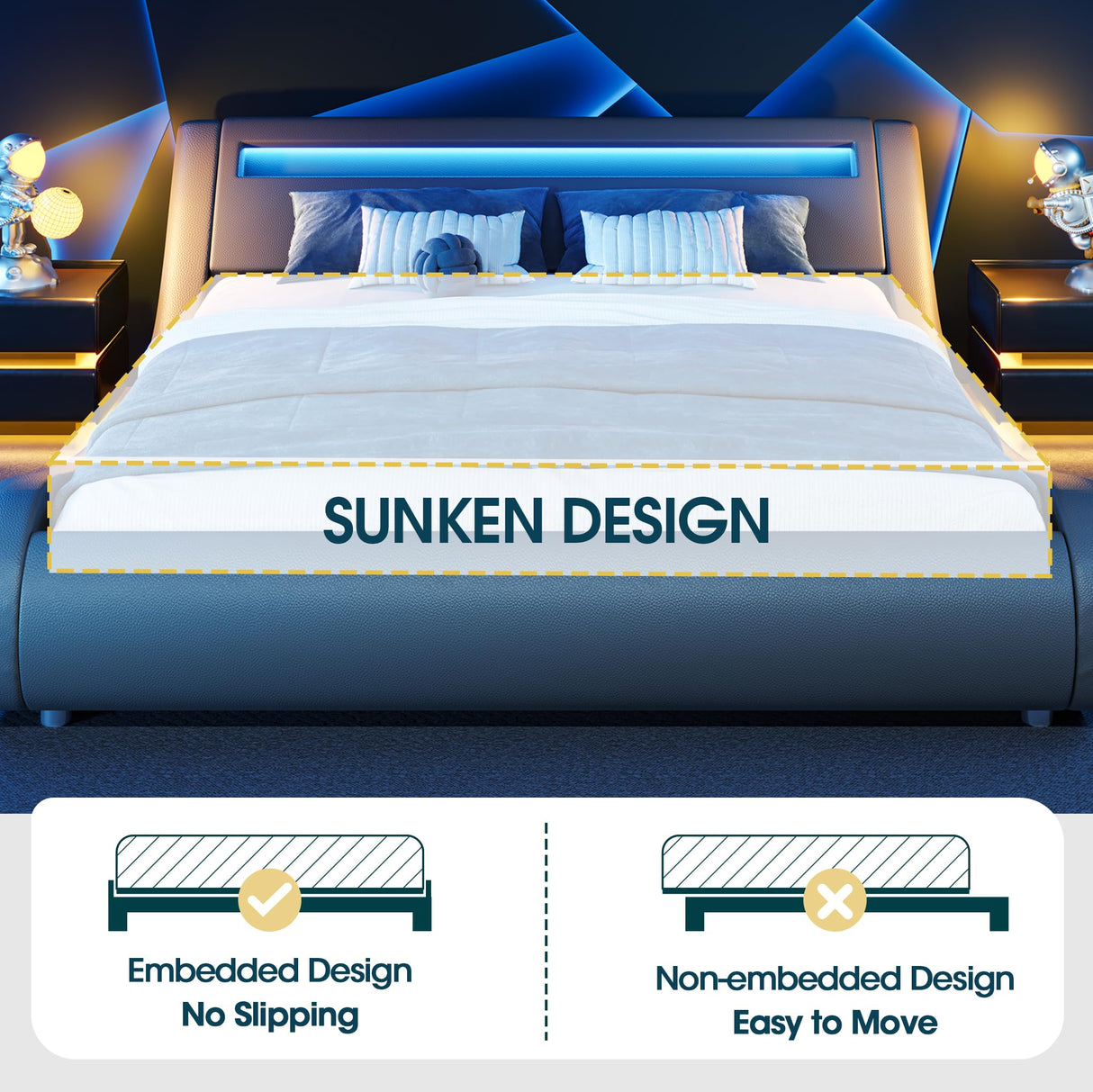 WEEWAY Modern Grey King Bed Frame with RGBW LED Lights and Adjustable Storage Headboard WEEWAY