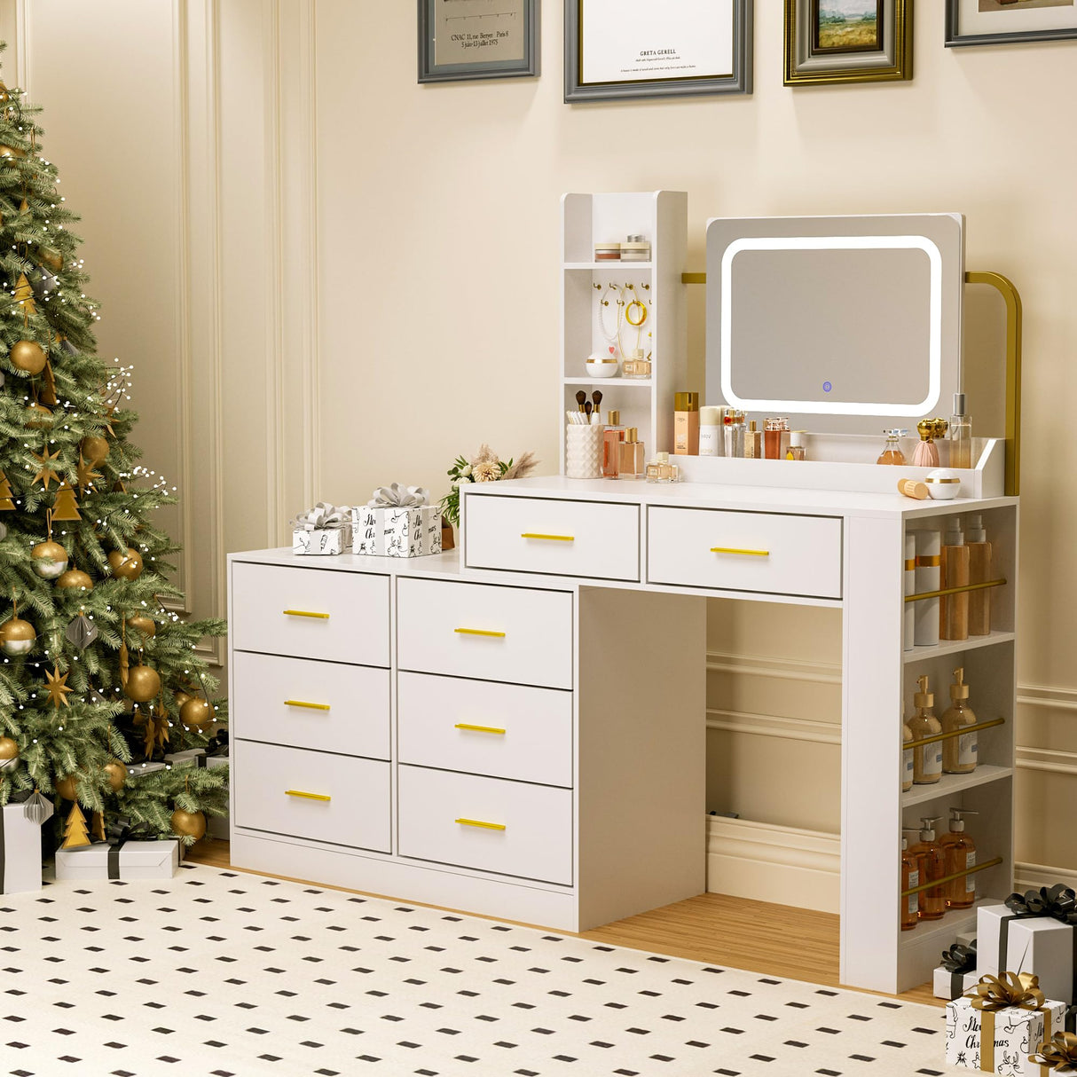Pamapic 67" Vanity Desk with Mirror and LED Lights, Golden Handles 15 Storage Spaces White Vanity D, 8 Drawers Makeup Desk with Upgraded Silent Slides, Adjustable Width Dresser with Mirror Gift Pamapic