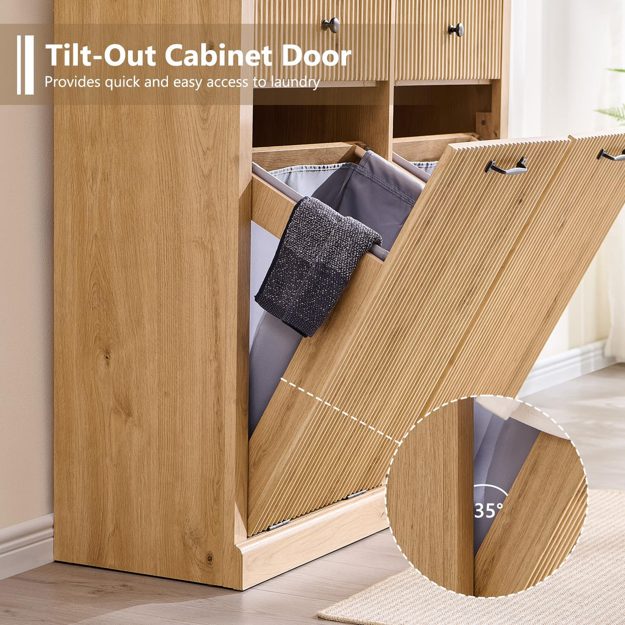 IFGET Modern Double Tilt-Out Trash Cabinet, 20 Gallon Fluted Laundry Hamper Cabinet with 2 Drawers, Wooden Hidden Garbage Can Cabinet with Storage Basket for Kitchen & Living Room, Natural Oak IFGET