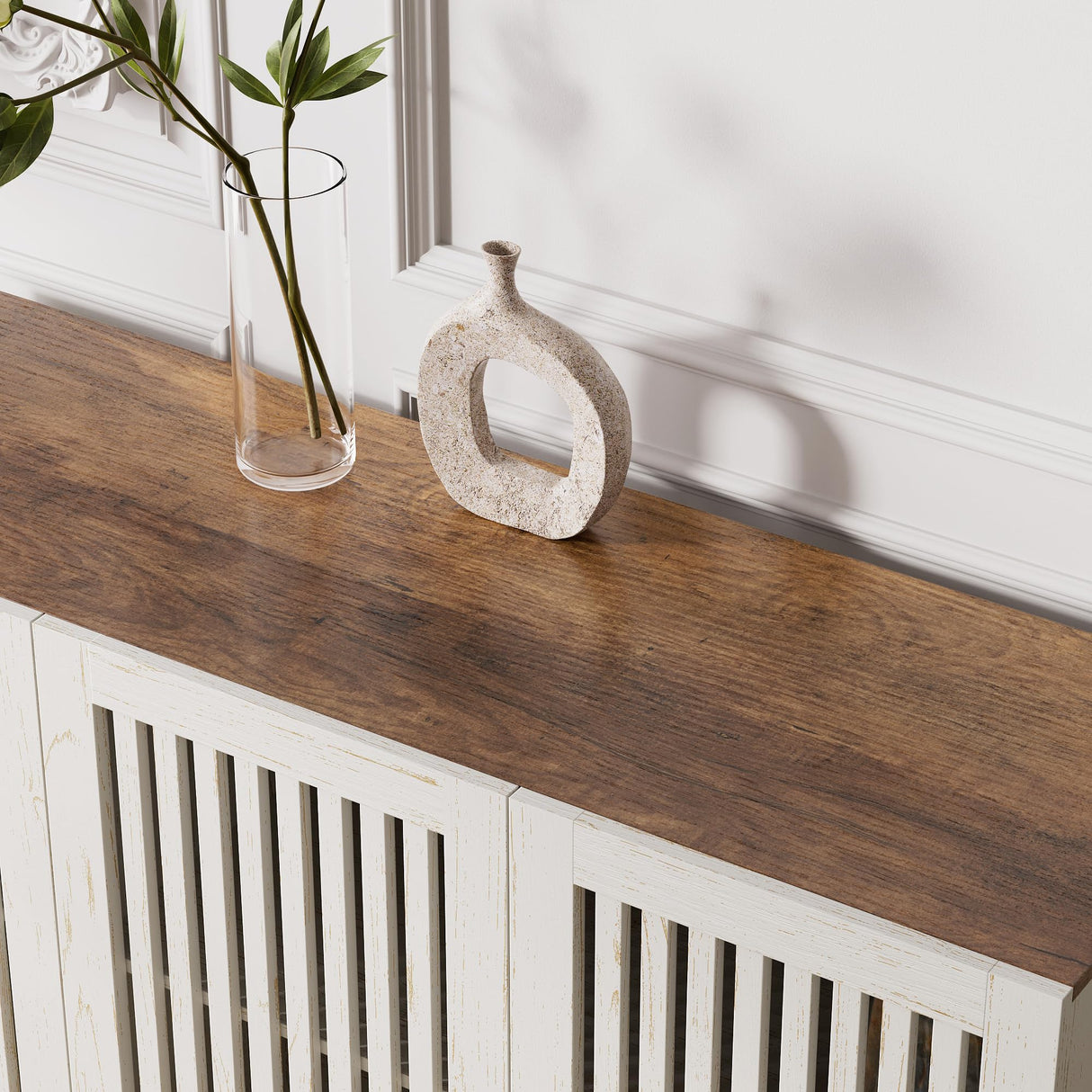 BVIUNTWO 47" Farmhouse Buffet Cabinet with Metal Base, Adjustable Shelves & 3 Doors, Antique White Storage Sideboard for Kitchen, Dining & Living Room BVIUNTWO