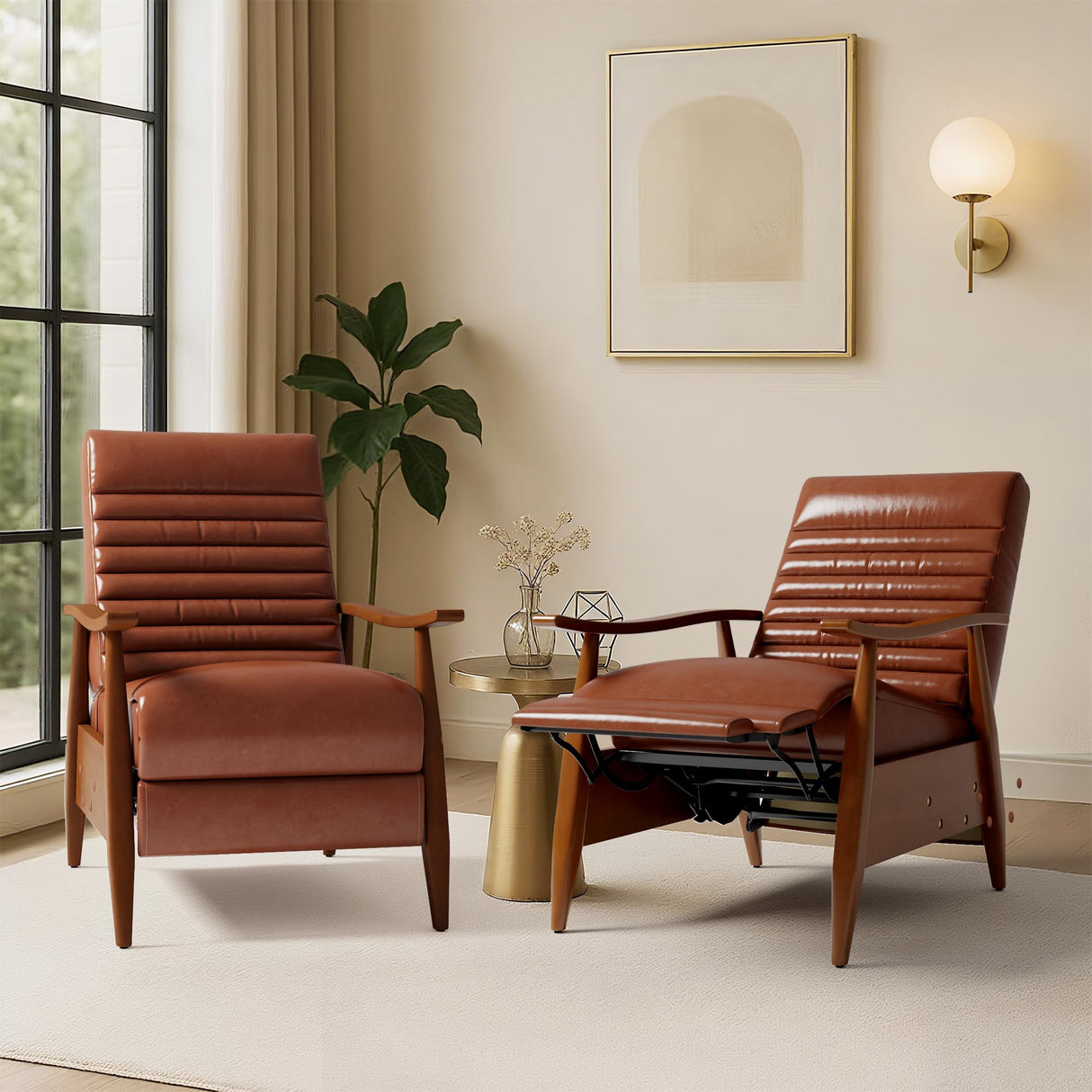 Leather Recliner Chair Set of 2, Mid Century Push Back Accent Chair, Comfortable Living Room Chair with Solid Wood Frame, High Back Lounge Chair for Reading and Relaxing(Brown) Generic