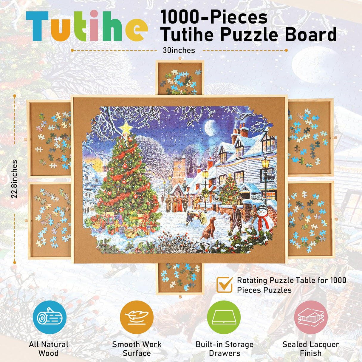 1000 Piece Rotating Puzzle Board with Drawers and Cover,23"x30"Portable Wooden Jigsaw Puzzle Table for Adults Portable,Lazy Susan Spinning Puzzle Boards Birthday Gift for mom Tutihe