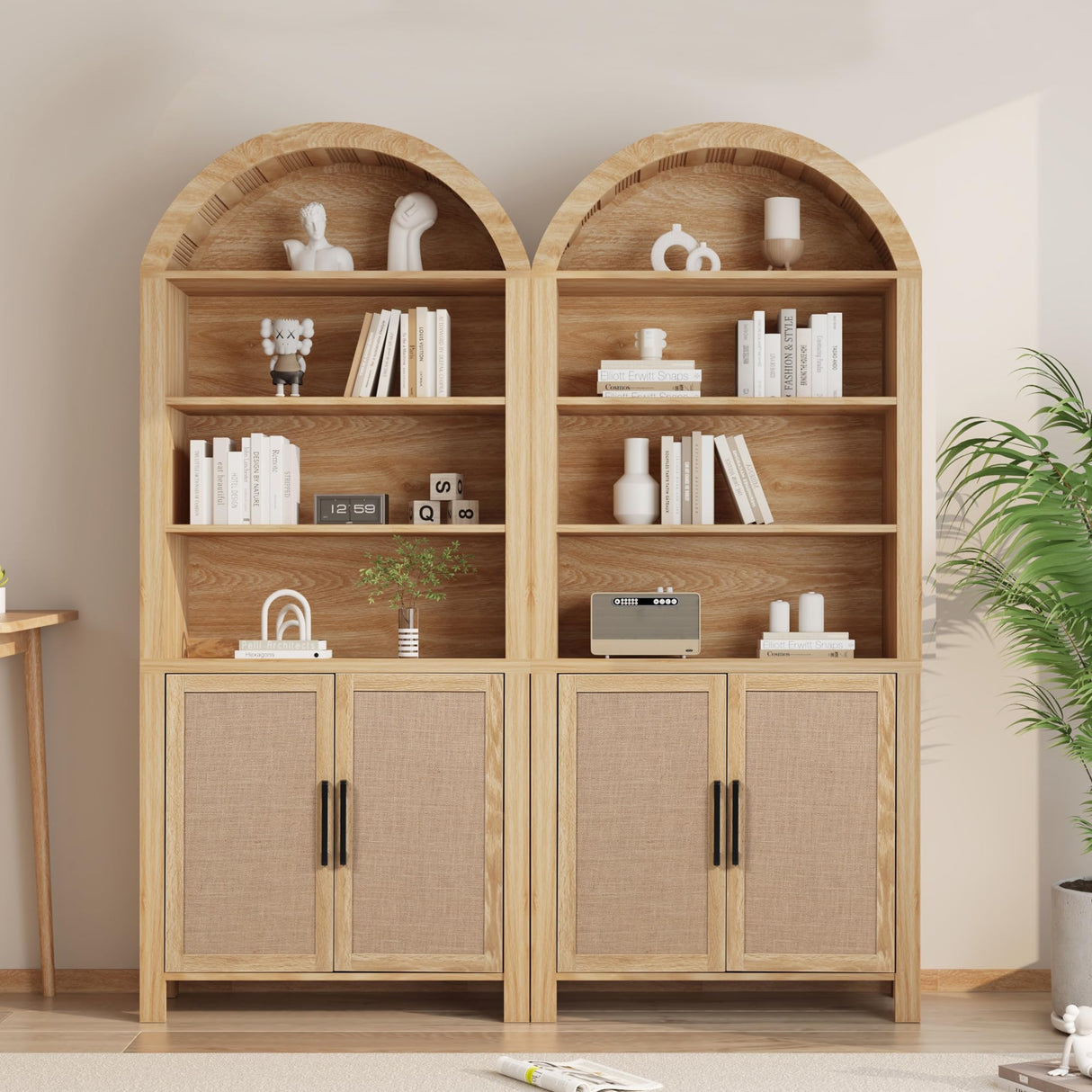 Janmer Home 71" Tall Arched Bookcase with Storage, Mid-Century Modern 6-Tier Curved Cabinet with Door, Arched Bookshelf Cabinet with Open Display Storage Shelf for Office Living Room (Natural) Janmer Home