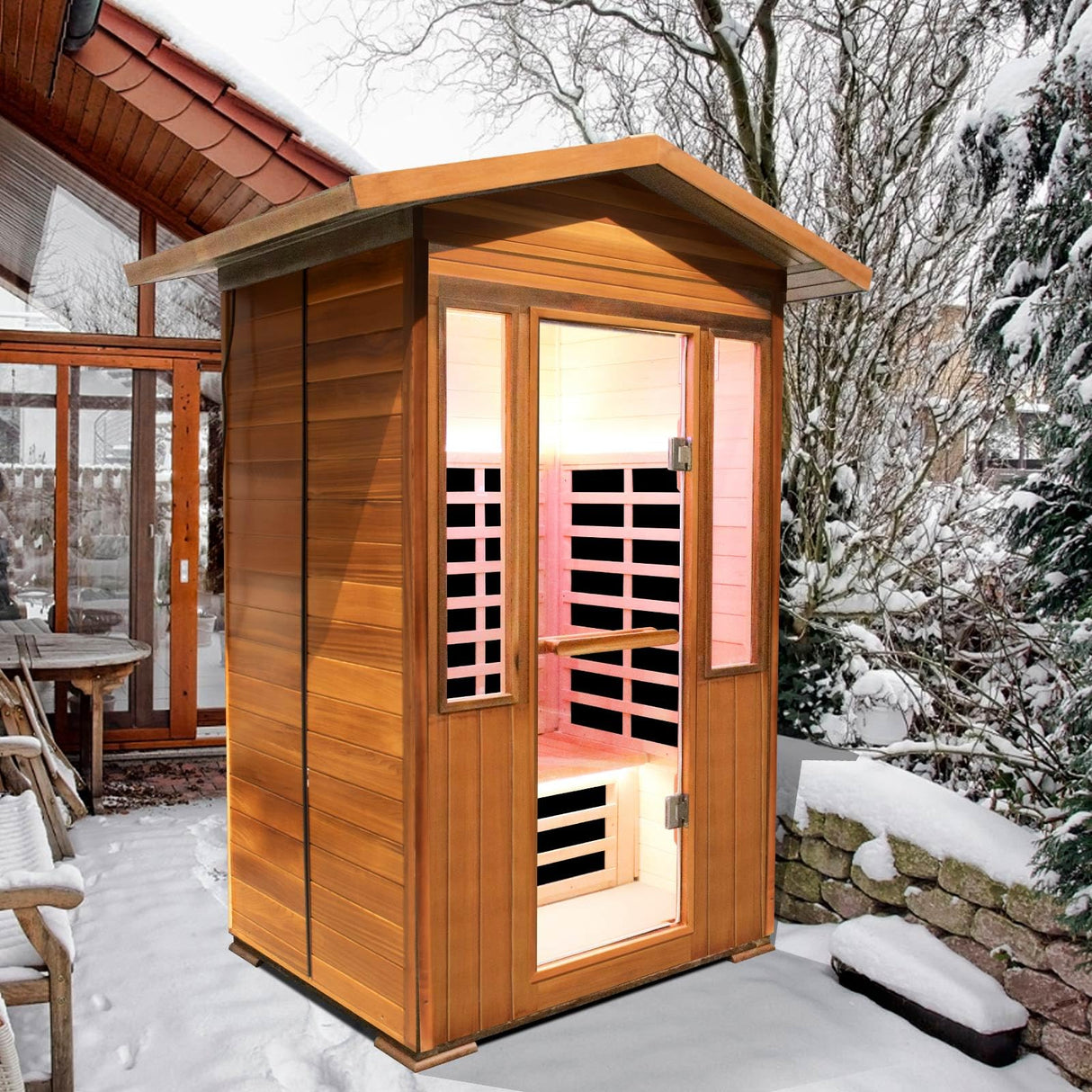 Outdoor Sauna 2 Person Sauna Outdoor Infrared Sauna 2-Person for Home 1800w Outdoor Saunas for Home Canadian Hemlock and Red Cedar Wood Sauna Outdoor Two Person Far Infrared Sauna Low EMF for Backyard RIGO