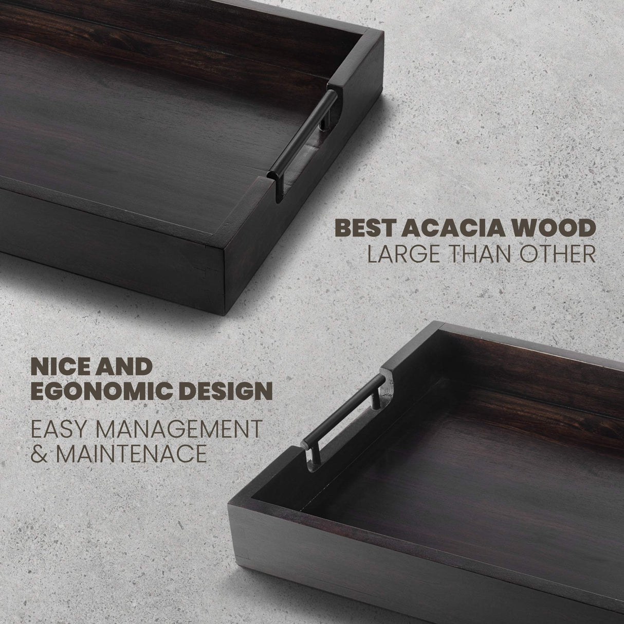 Ottoman Tray, Acacia Wood Serving Tray with Metal Handles, 16.5x12.5in Food Drinks Tray for Coffee Table, Breakfast, Dinner & Bar, Rustic Decorative Storage Tray for Ottoman, Kitchen, Packaging RAKYTO